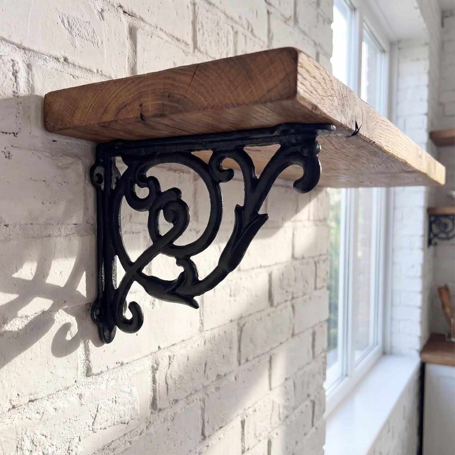 2 PCS 6.8 Inch Shelf Brackets with Hooks, Heavy Duty Floating Shelf Bracket, Cast Iron Shelving Brackets for DIY Wall Shelves, Rustic Shelf Bracket
