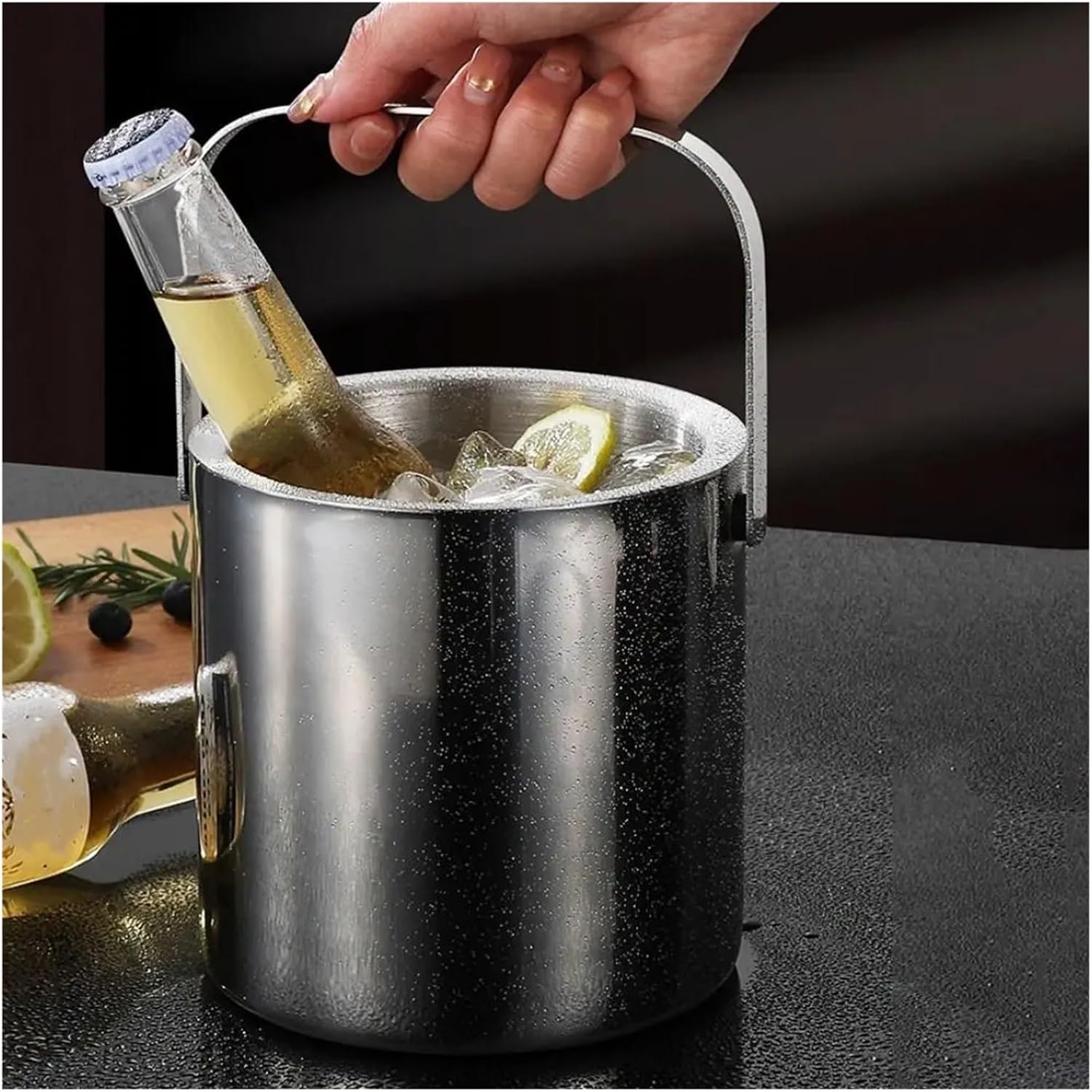 Insulated Ice Bucket With Tong And Filter Mesh 3.0/1. L Cooler Double-Wall(Silver-3.0 L)