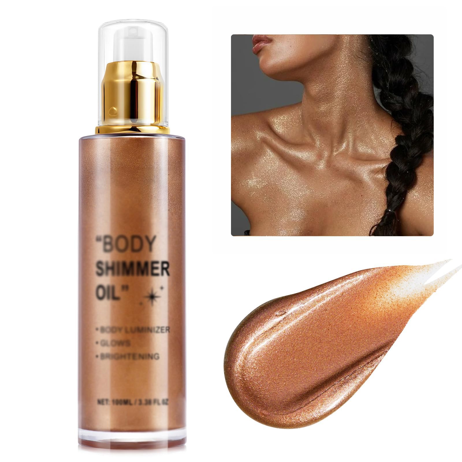NibergoBody Shimmer Oil, 100ml Face and Body Liquid Luminizer, Bronze Face Brighten Glow Pearl Highlighter Illuminator Body, Waterproof Liquid Illuminator Body Glow, Makeup Shine Glitter (Bronze Gold)