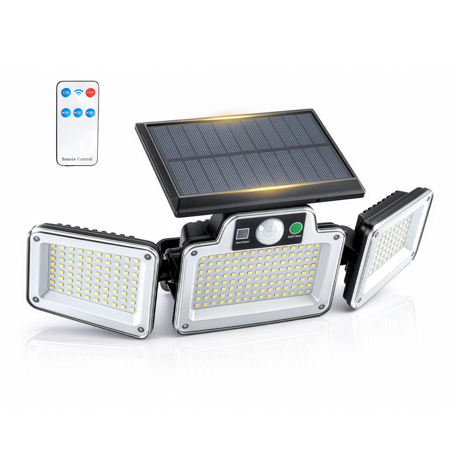 GreenWhim 280 LED Solar Flood Lights Outdoor 3 Adjustable Heads Solar Lights IP65 Waterproof for Yard Garage Driveway Patio Garden Easy to Install 270° Wide Lighting Angle (1)