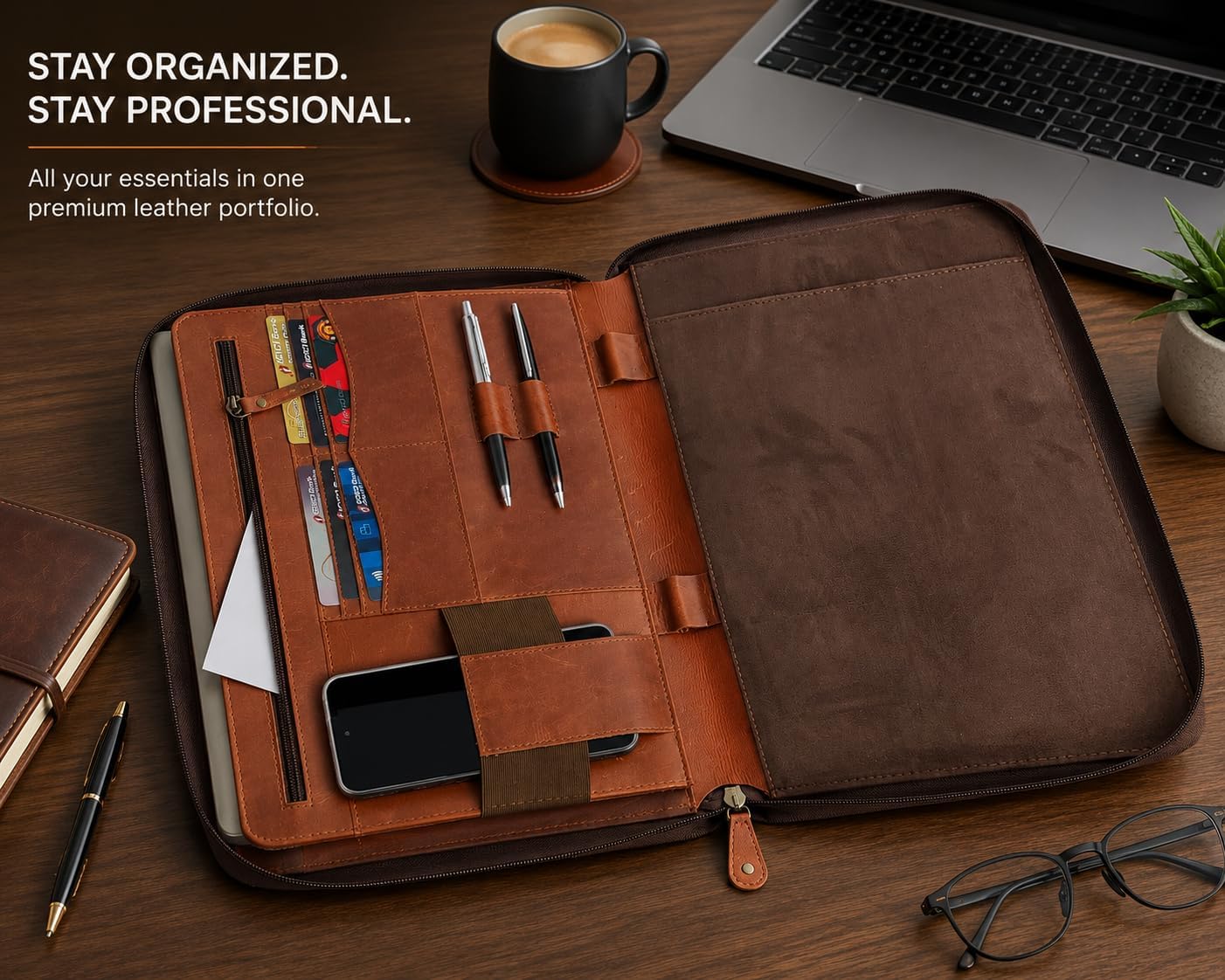 Leather Padfolio Portfolio Organizer with Zipper – Professional Leather Portfolio Binder Folder for Documents, Tablet & Resume – Business Padfolio for Men & Women with Card Slots & Pen Holder