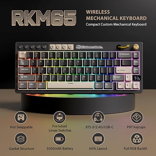 Miniatura 2 de RK ROYAL KLUDGE Teclado inalámbrico para juegos M65 con perilla de volumen, 60% teclado mecánico intercambiable en caliente 2.4GBTUSB-C, montaje en