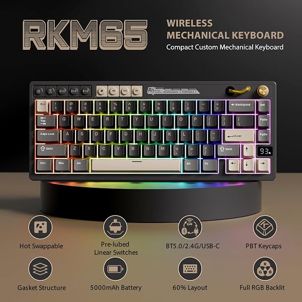 RK ROYAL KLUDGE H81 Hot Swappable Mechanical Keyboard, Triple Mode 2.4Ghz/BT5.1/USB-C Knob Control Wireless Gaming Keyboard Gasket Mounted with RGB Backlit SkyCyan Switch, 75% Layout 81 Keys - 2