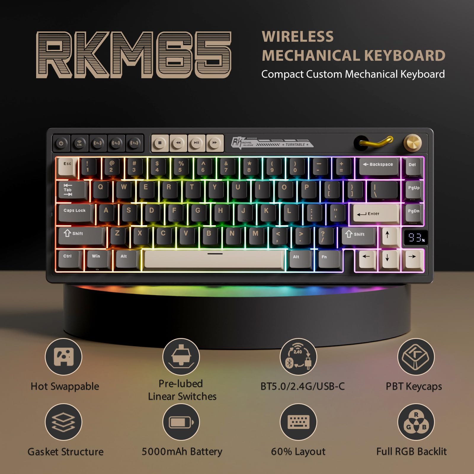 RK ROYAL KLUDGE H81 Hot Swappable Mechanical Keyboard, Triple Mode 2.4Ghz/BT5.1/USB-C Knob Control Wireless Gaming Keyboard Gasket Mounted with RGB Backlit SkyCyan Switch, 75% Layout 81 Keys - 2