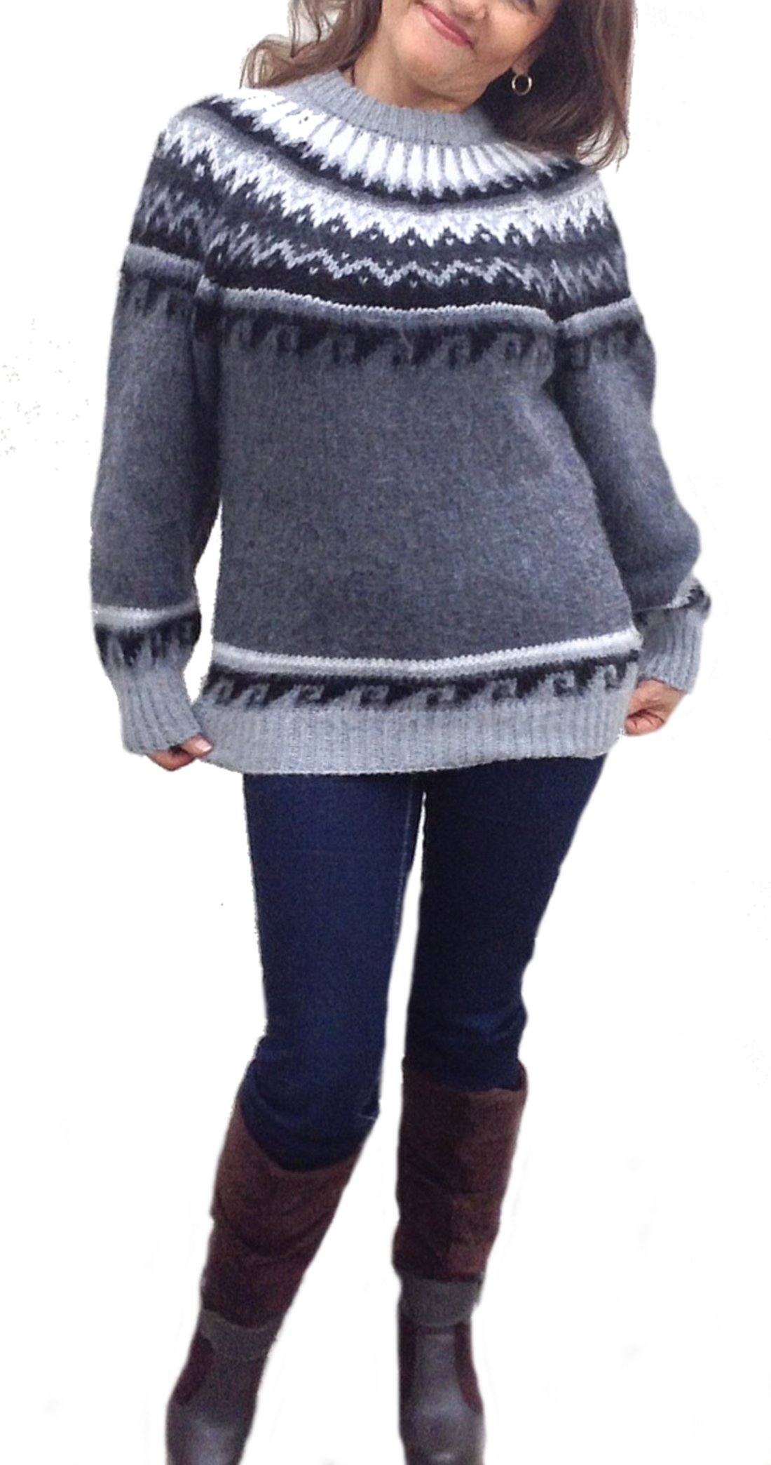 Maglione da donna grigio girocollo in lana di alpaca stile norvegese