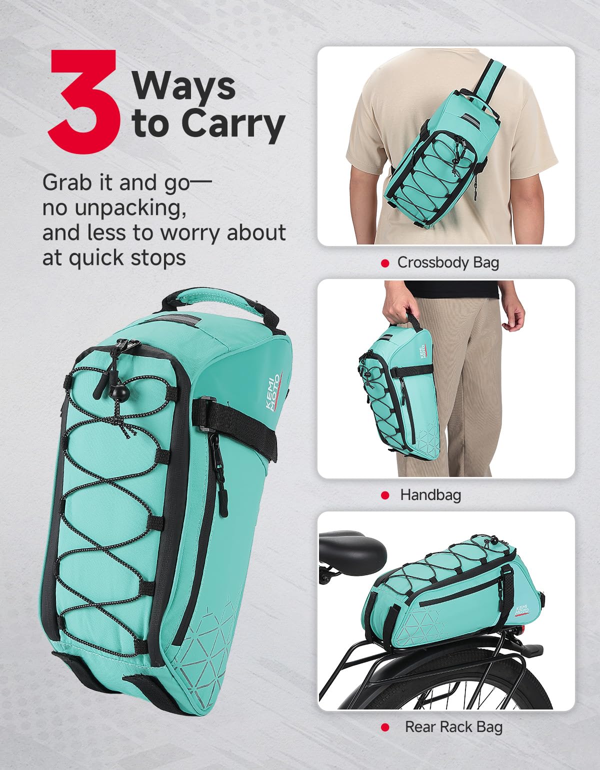 KEMIMOTO Borsa posteriore per portabici – 8L PVC impermeabile per bici da strada e mountain bike – Borsa nera per pendolari per la spesa e il ciclismo