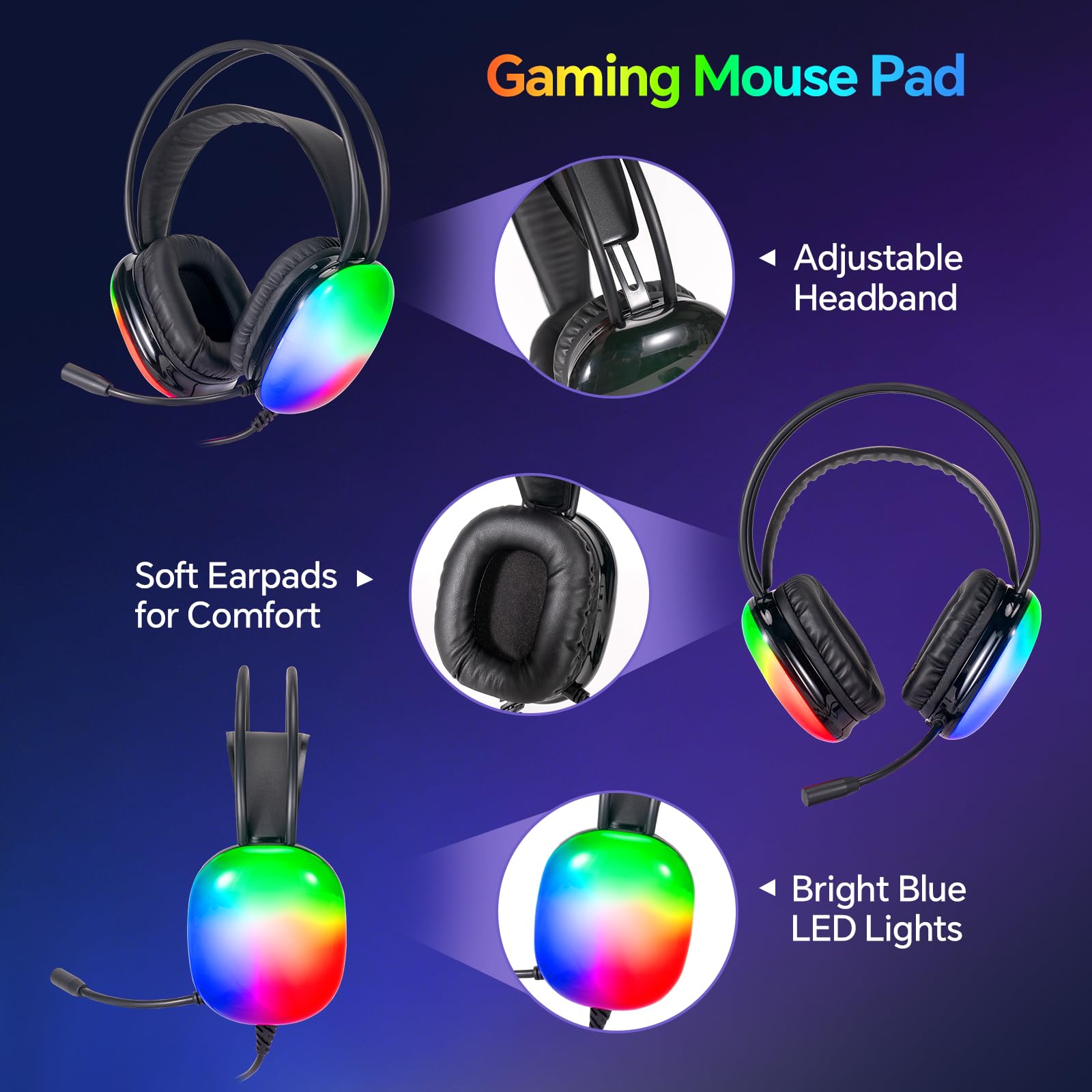Juego de teclado, mouse y auriculares con micrófono, todo en uno, USB, con cable RGB, retroiluminado, arco iris, botón lateral, compatible con PC, Windows, Xbox One, PS4, PS5 (negro)