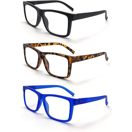 3-Pack Large Square Frame Reading Glasses Men Women Blue Light Blocking Spring Hinge Readers