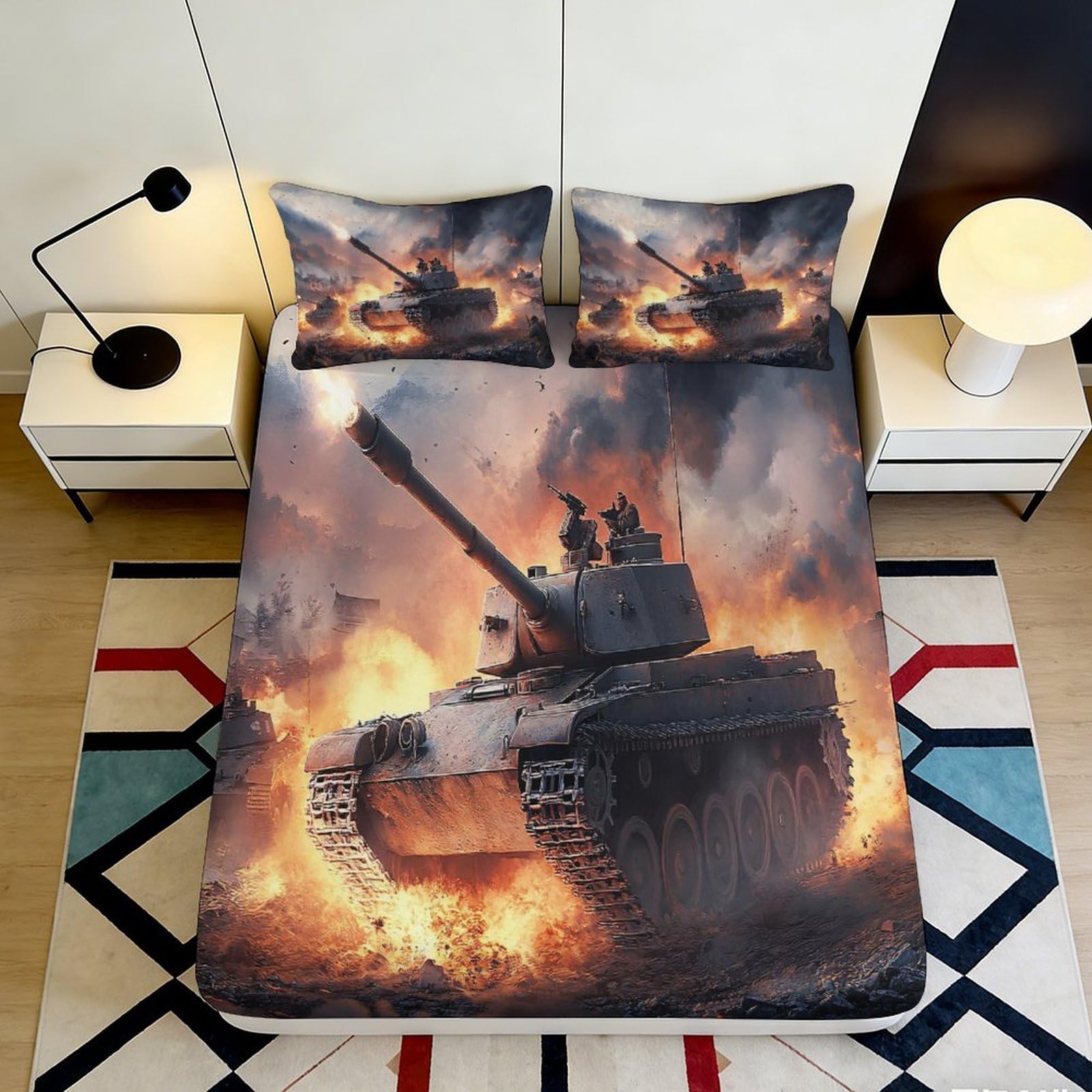 3D Printed Battle Tank Fitted Sheet Microfiber Soft Durable Fire Explosion Bed Cover for Bedroom Dorm Decor Mattress Protection 90x200x25cm