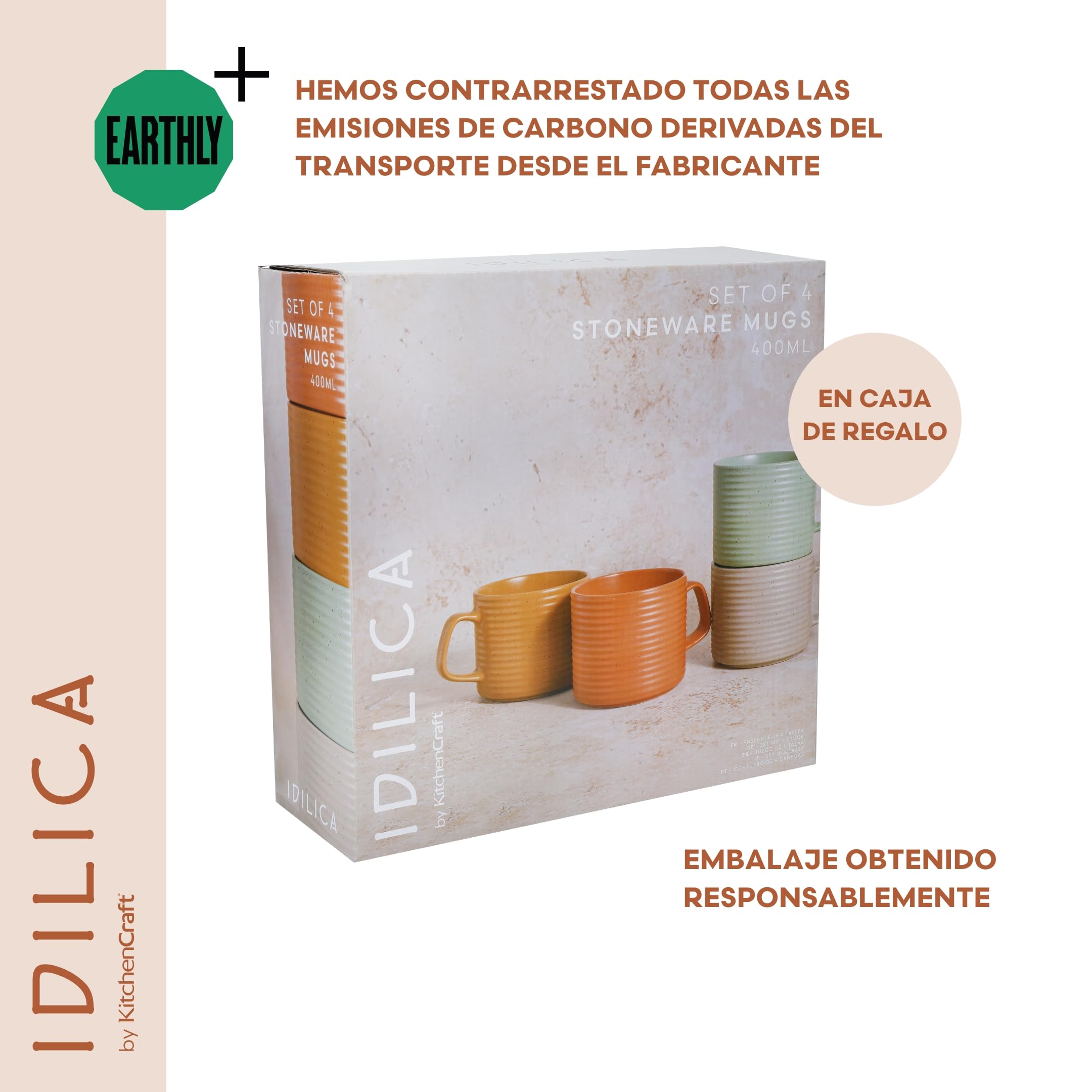 KitchenCraft Idilica Tazas de Gres Apilables, Juego de Cuatro Tazas de Café Apilables, Multicolor, 4ml de Capacidad, Aptas para Lavavajillas y Microondas