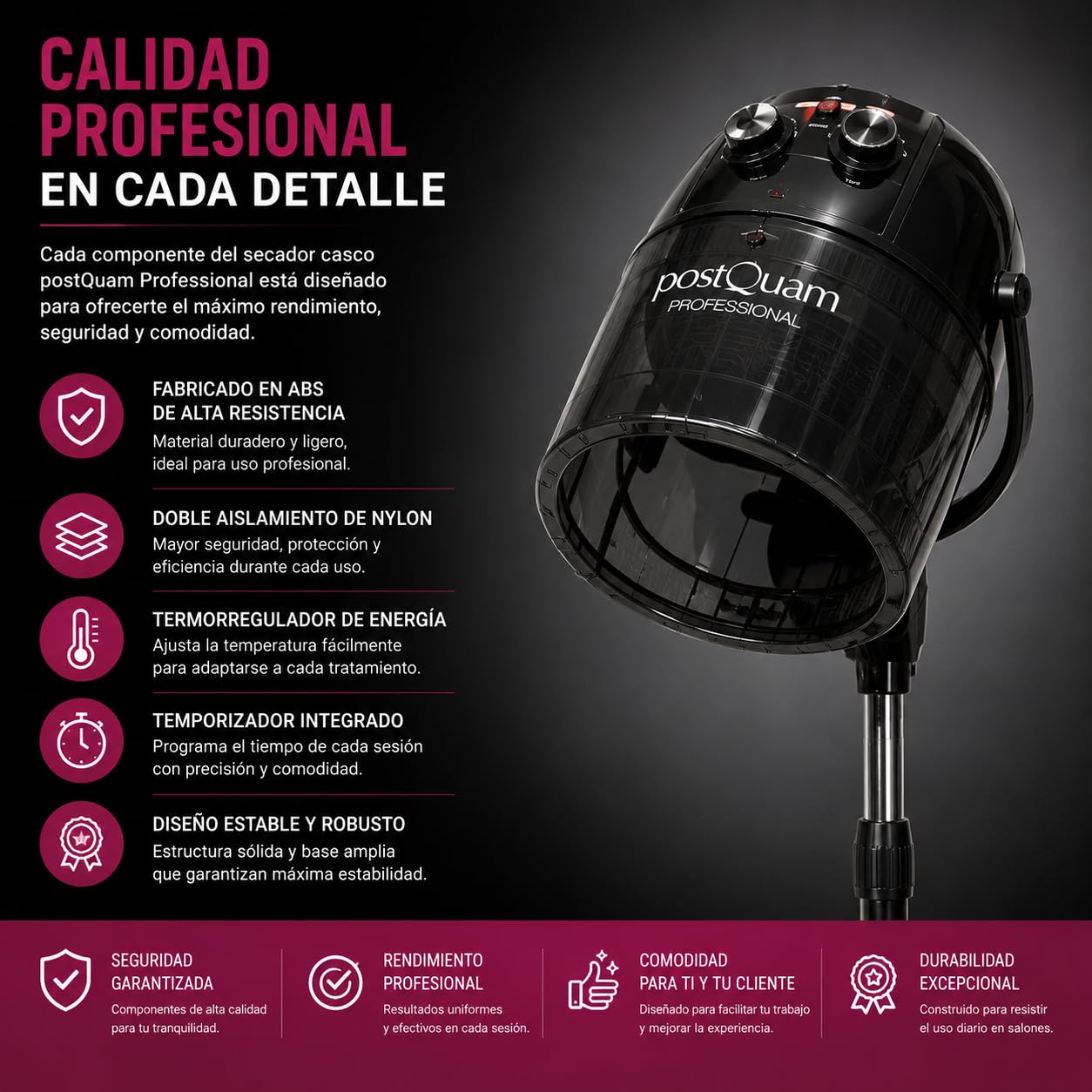 PostQuam – Sèche-cheveux à casque sur pied avec thermorégulateur et minuterie – Capot en plastique fumé avec couvercle – Hauteur réglable (86-122 cm) avec roulettes – Usage professionnel