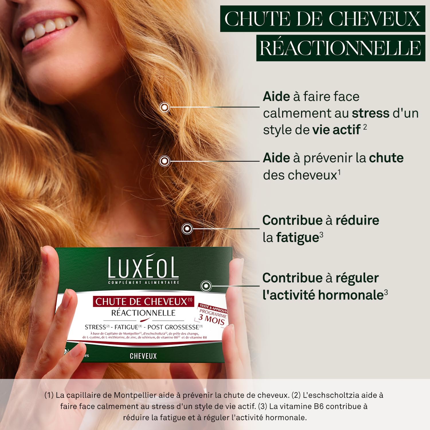 LUXEOL - Chute Réactionnelle (Stress, Fatigue, Post-Partum), -44%(1) De Chute De Cheveux - Complément Alimentaire Chute Cheveux Réactionnelle (3 Mois, 90 Gélules) + Shampooing Antichute 200 ml