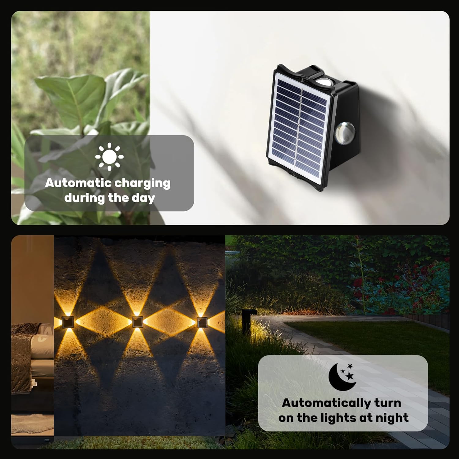 Luces solares de pared para exteriores, iluminación arriba y abajo, impermeable IP65, luz de valla para patio, jardín, garaje, piscinas, cubierta (4 LED, multicolor, paquete de 2)