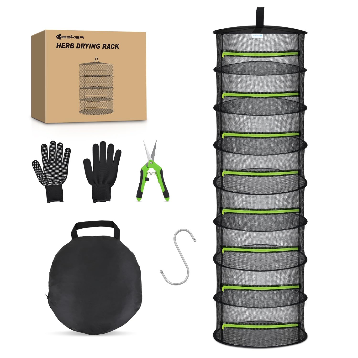 Yesker 8 Layer Herb Drying Rack Hanging Mesh Foldable Plant Drying Racks 24" w Green Zipper Pruning Shears Gloves Dryer Hanging Rack for Herbs Seed Bud Fruit Clothes Grow Tent Closets Garden Outdoor