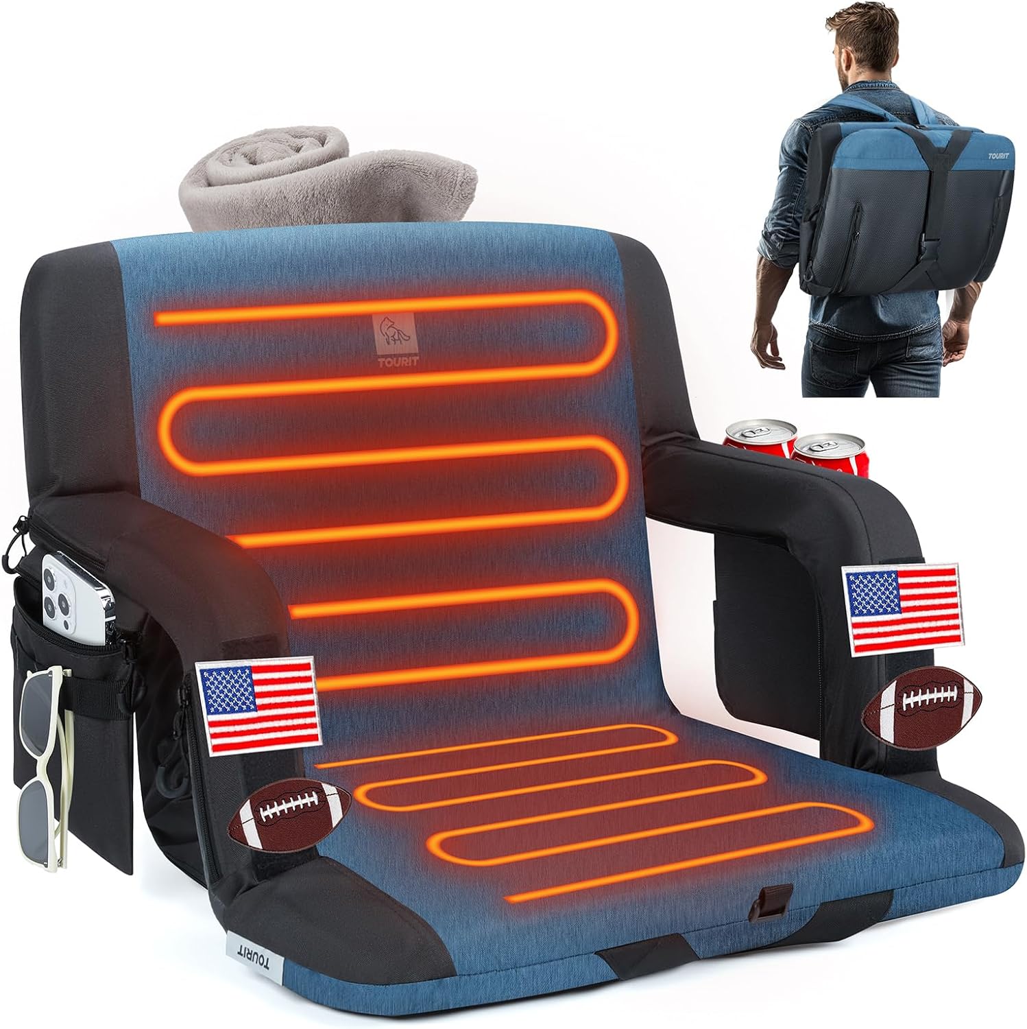 TOURIT Heated Stadium Bleacher Seats with Back Support and Cushion?24”Wide 3 Level Heating&6 Reclining Position Bleacher Seat Chair?Dual-Zone Heated Stadium Seats for Outdoor Sports Classic Blue