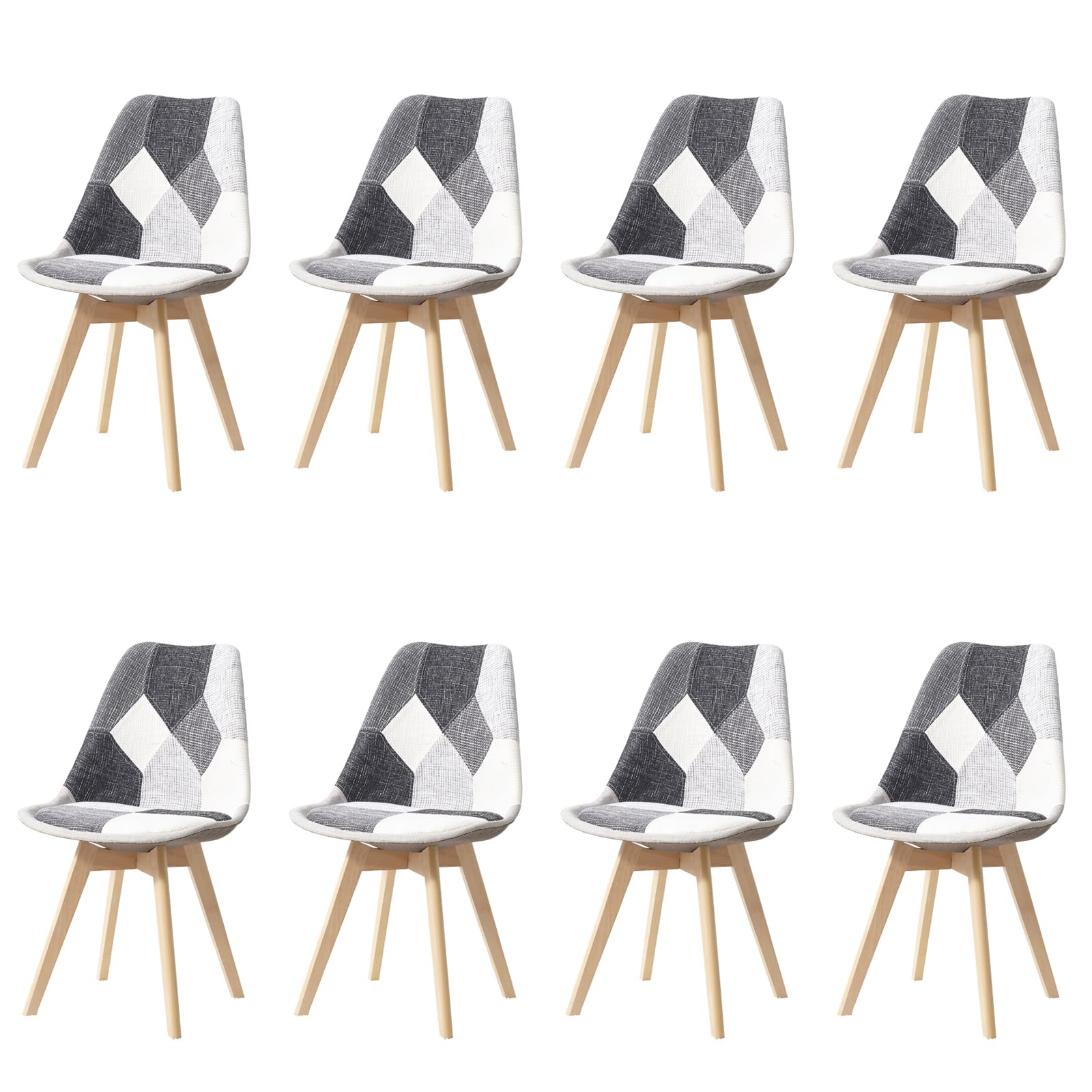 HJhomeheart Set di 8 Sedie da Pranzo in Tessuto Patchwork con Cuscino del Sedile e Gambe in Legno Massello per Sala da Pranzo, Soggiorno, Cucina, ecc. (Grigio Patchwork)