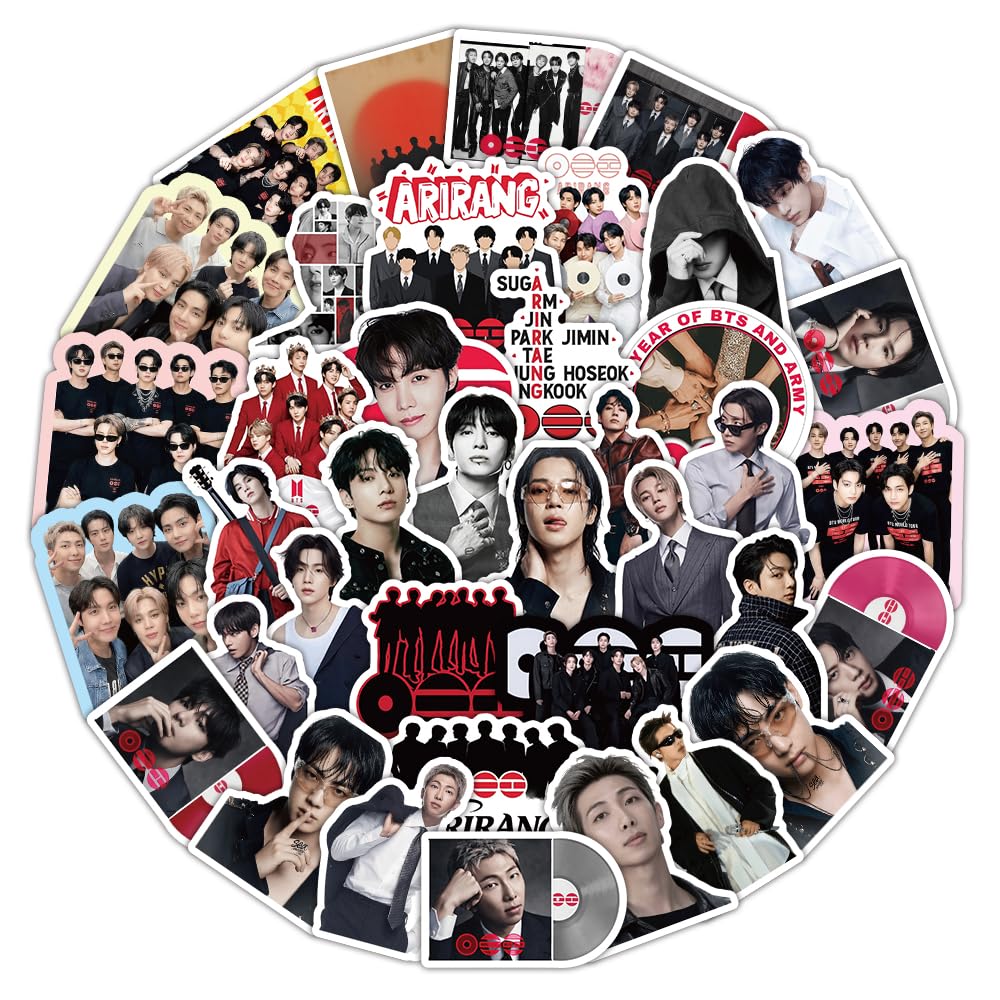 BTS Arirang Stickers Pack,50Pcs Kpop Cute Bangtan Boys Photo Vinyl Waterproof Stickers for Water Bottle Laptop Phone Case, Army Fans Merch Gift for Teens Girls