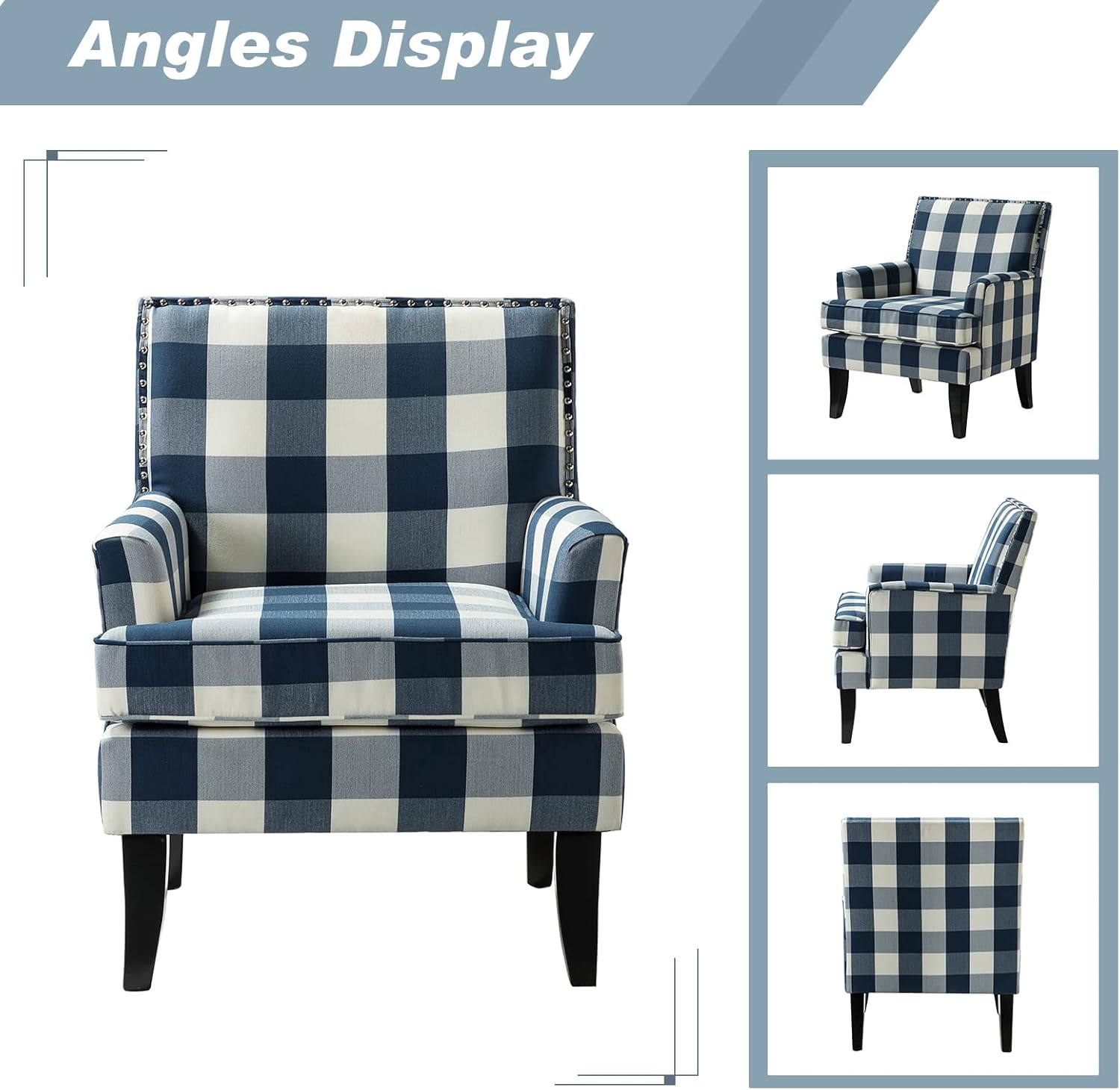 HULALA HOME Modern Accent Chair with Arms and Wooden Legs, Buffalo Plaid Accent Chair Armchair High Back Rest, Padded Armrest and Comfortable Cushioned Seat for Living Room (Buffalo Navy)