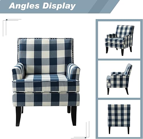 Miniatura 4 de HULALA HOME Silla decorativa moderna con brazos y patas de madera, silla decorativa a cuadros de búfalo, respaldo alto, reposabrazos acolchado y