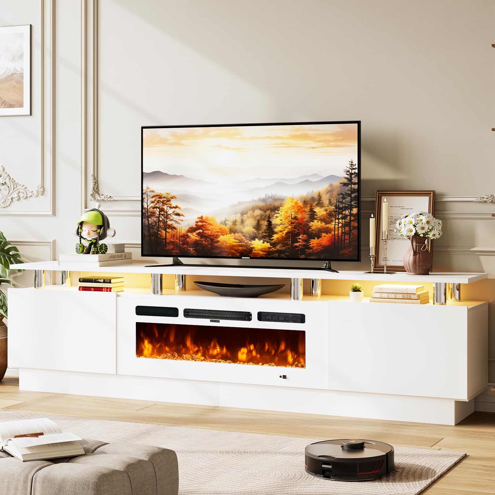 Photo 1 of OneBlis 80" Entertainment Center & TV Stand, Modern Media Console with Storage Cabinet, Fits TVs up to 90", Living Room Furniture, 36" Electric Fireplace (All White)