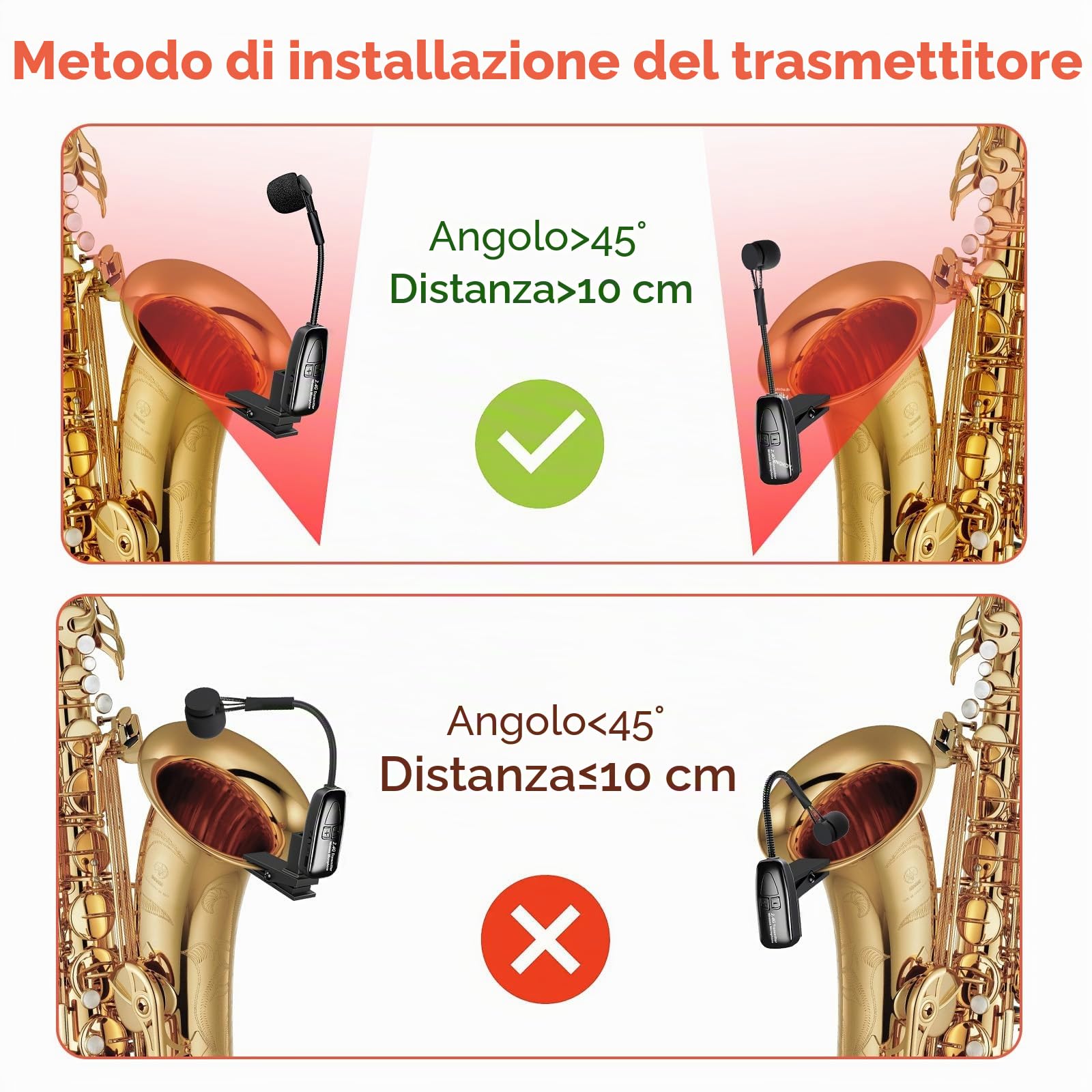Microfono wireless per sassofono, microfono per strumenti a clip 2.4G, trasmettitore e ricevitore ricaricabile, portata 30,5 m, ideale per sassofono, tromba, tromba, trombone, cornetta, corno