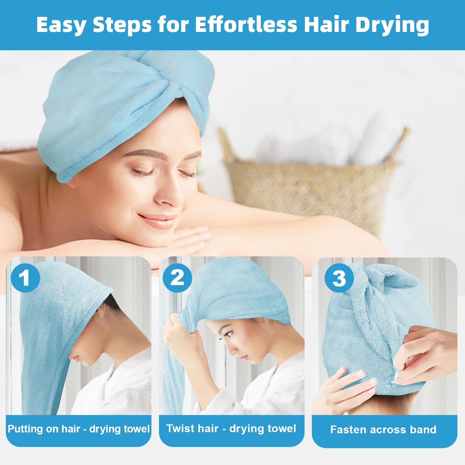 Turbanti Asciugacapelli In Microfibra - 3 Pezzi, Pile Corallino, Asciugatura Rapida, Con Bottoni - Foto 11