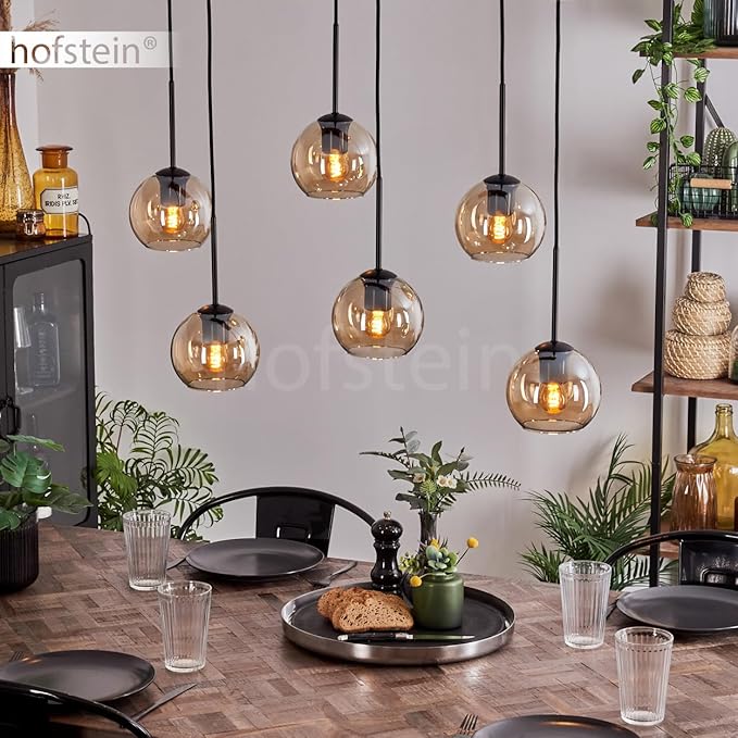 hofstein HOFSTEIN Hanglamp Koyoto, hanglamp van metaal/glas in zwart/barnsteen/helder, vintage/retro design met glazen kappen (Ø 15 cm), hoogte max. 138 cm, 6 x E27, zonder lamp photo 2