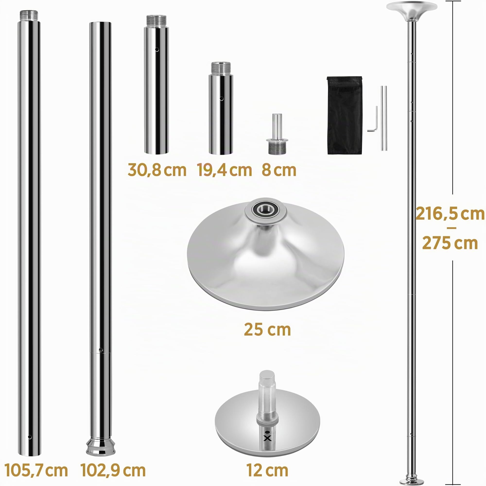 Yaheetech Barra de Pole Dance profesional ajustable, de acero estático y giratorio, para ejercicios de fitness, clubes, fiestas, bares, salones de baile, sin agujeros, altura 216,5-275 cm