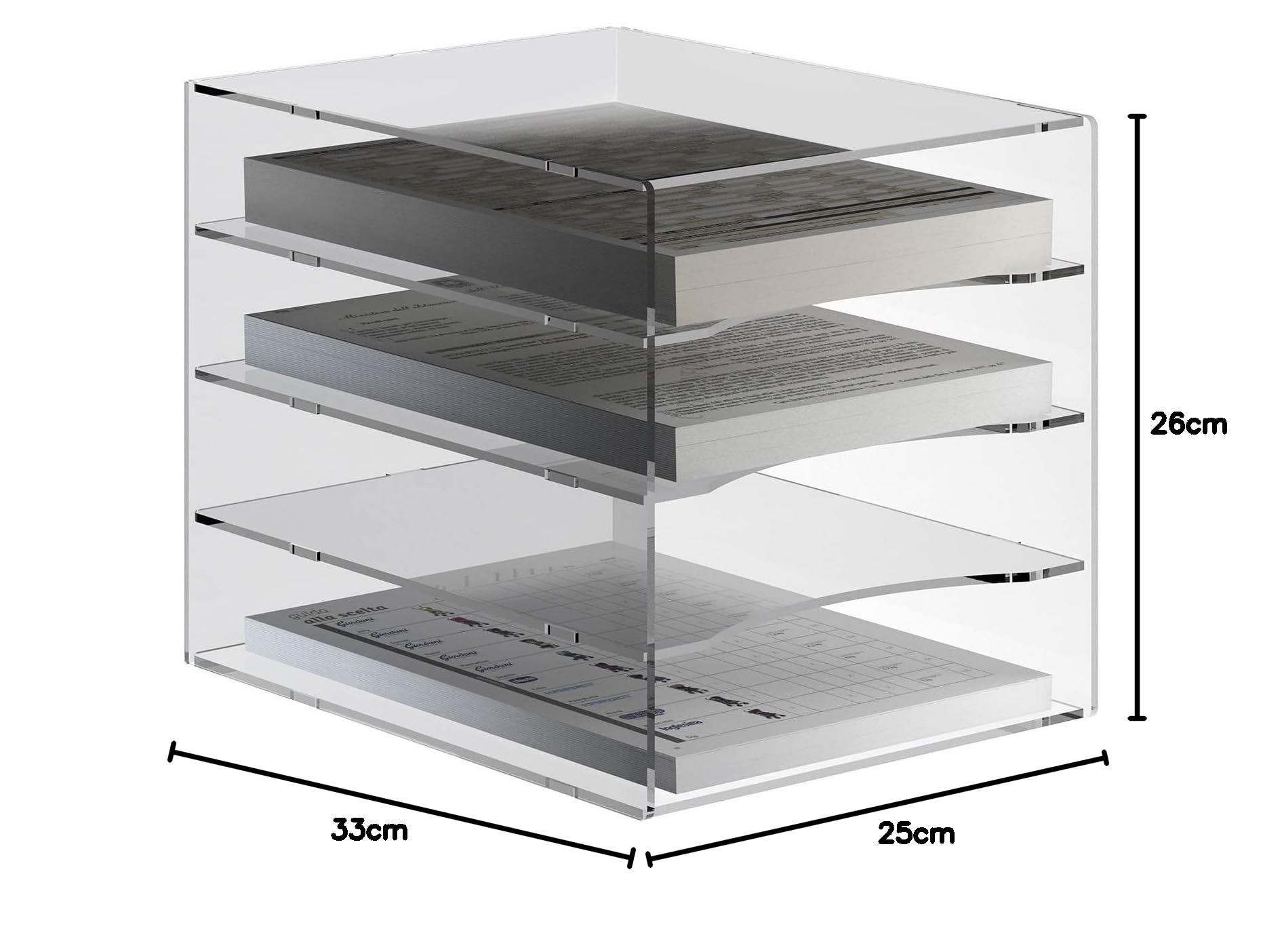Vaschetta portadocumenti in plexiglass trasparente a 4 ripiani per documenti A4 - Misure totali: L 32.5 x P 25 x H 26 cm