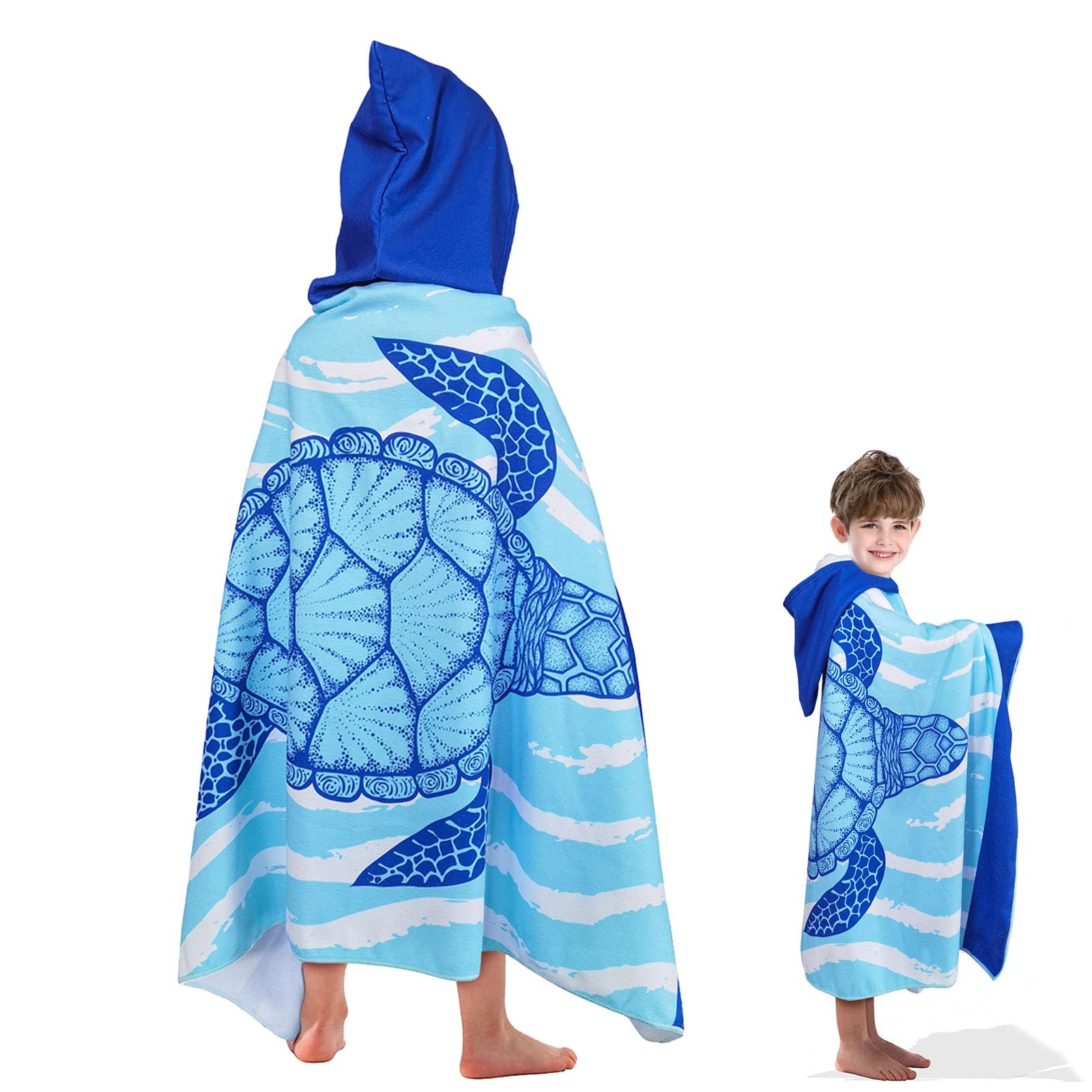 COSORO 75x128cm Blue Turtle Hooded Poncho Towel for Kids,Kids Beach Towel Poncho Swimming Towels,Beach Robe Childrens Bath Towel Poncho for Swimming Pool,Childs Towel Bathrobe for Girls Boys Age 4-8