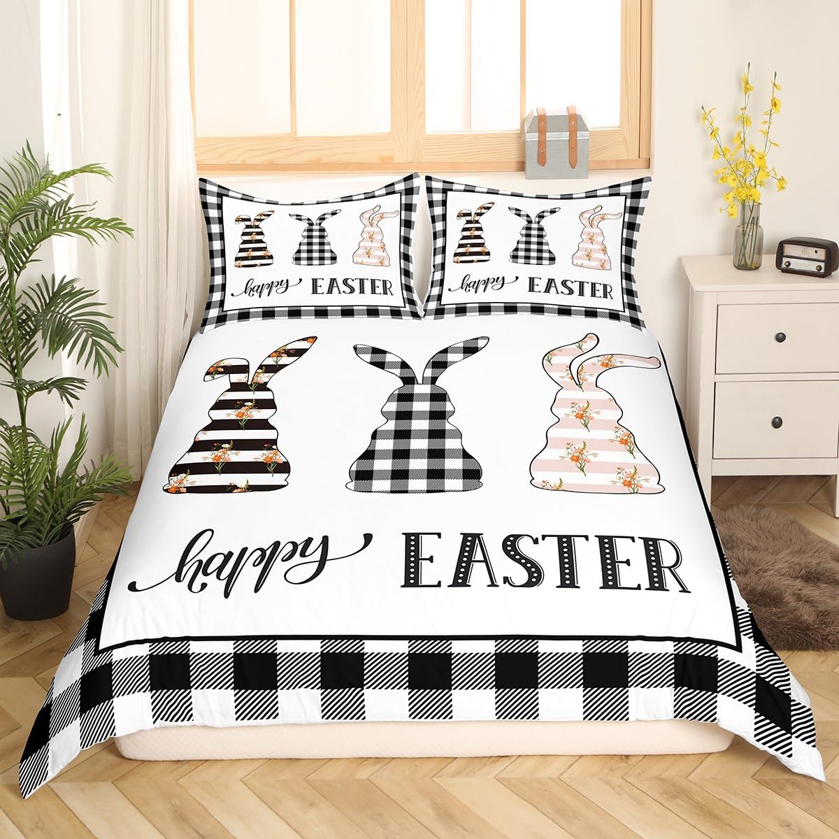 Happy Easter Bedding Set for Girls Boys Kids Cute Bunny Rabbit Comforter Cover Set Floral Flower Duvet Cover Black White Plaid Bedspread Cover 3Pcs King - Image 4