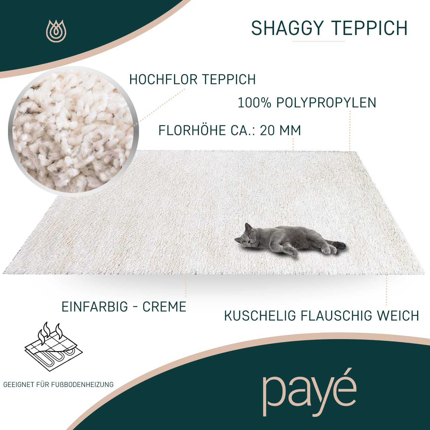 payé Teppich Wohnzimmer Hochflor Shaggy - 160x230cm - Creme Einfarbig Uni Flauschig Modern Boho Deko Teppiche Weich Schlafzimmer