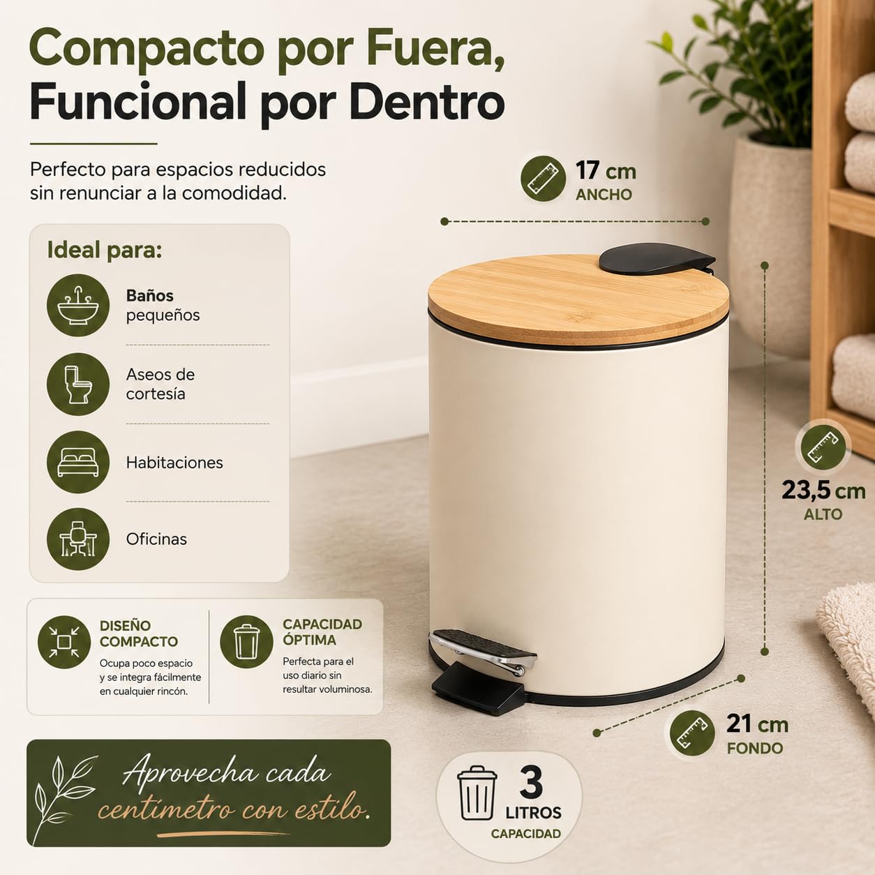 TIENDA EURASIA – Papelera Baño | Metal + Tapa de Bambú | Capacidad 3L | Medidas 17x21x23.5 cm y Cubo Interior 16.8x16.8x18.2 | con Pedal (Beige)