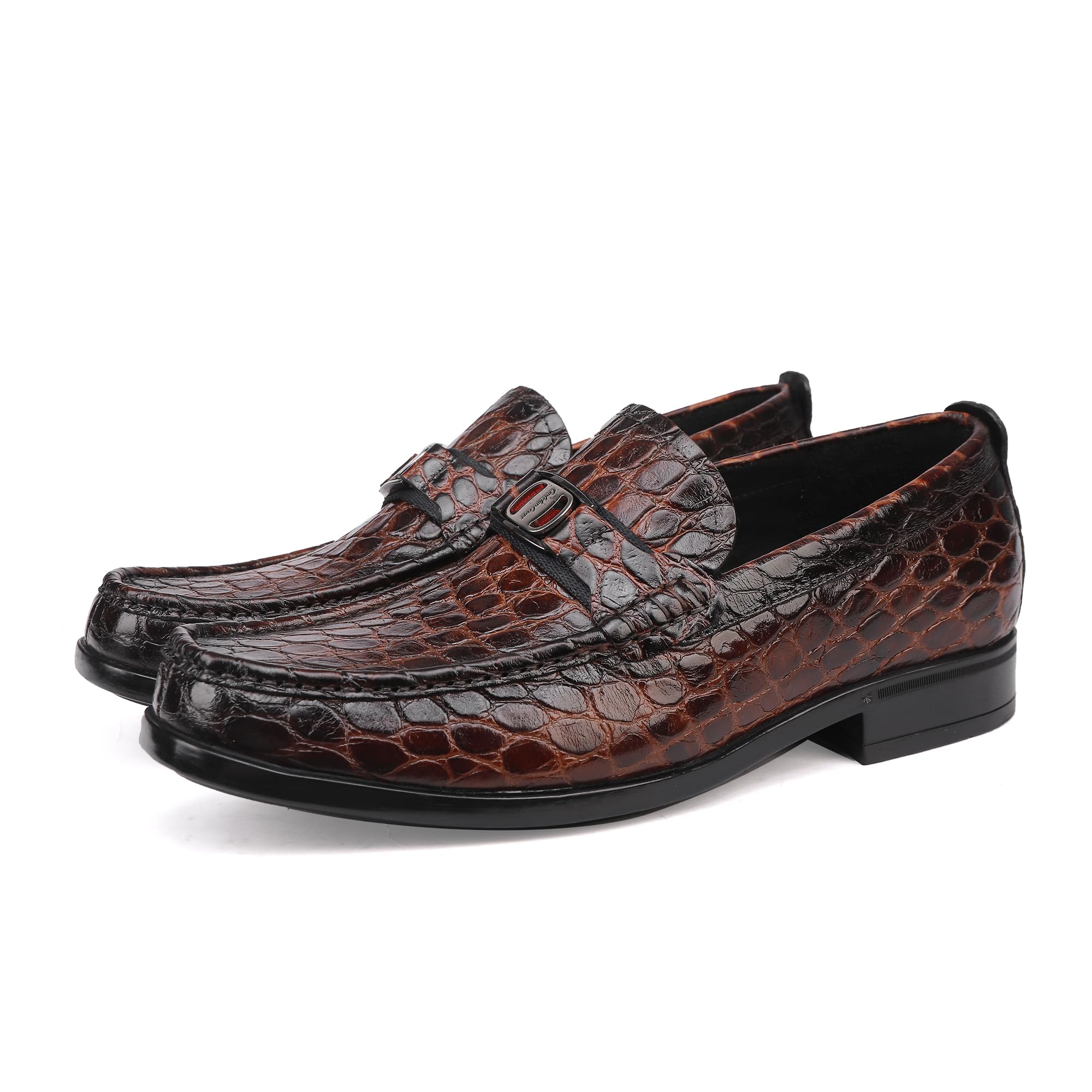 Men's Leather Alligator Print Dress Shoes Classic Bit Buckle Slip-On Penny Loafers Busine…