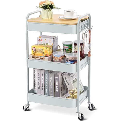 TOOLF 3-Tier Rolling Cart, Metal Utility Cart with Detachable Tray Top, Storage Craft Art Cart Trolley Organizer Serving Cart Easy Assembly for Office, Bathroom, Kitchen, Kids' Room, Classroom