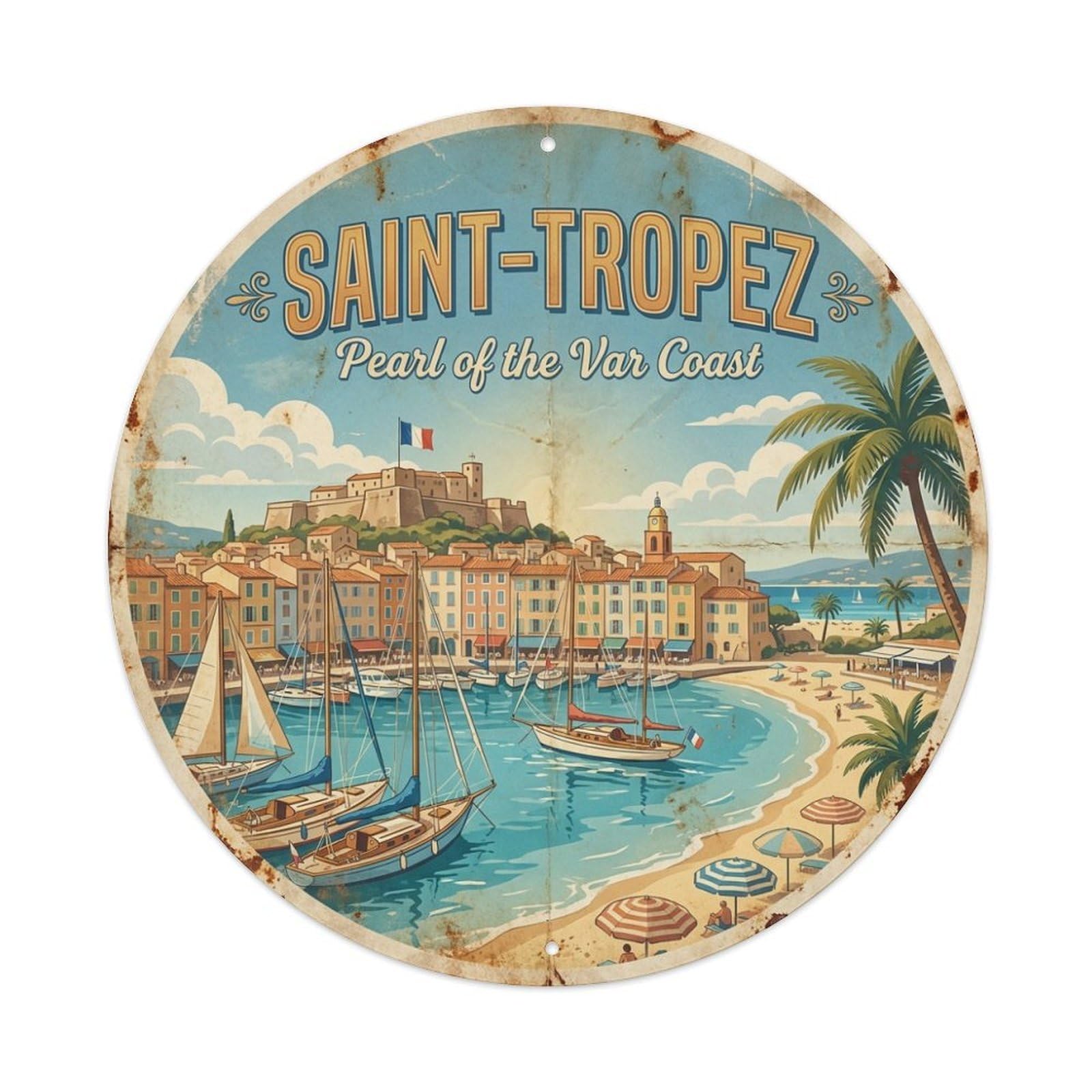 Harbor Panorama Old Quay Saint Tropez Riviera Travel Metal Tin Sign