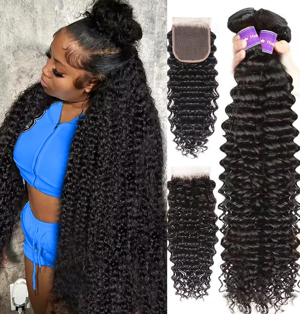 Deep Wave Human hair Bundles With Closure (16 18 20 22+14 Free Part) 12A 100% Unprocessed Brazilian Virgin Human Hair Deep Curly Weave 4 Bundles With