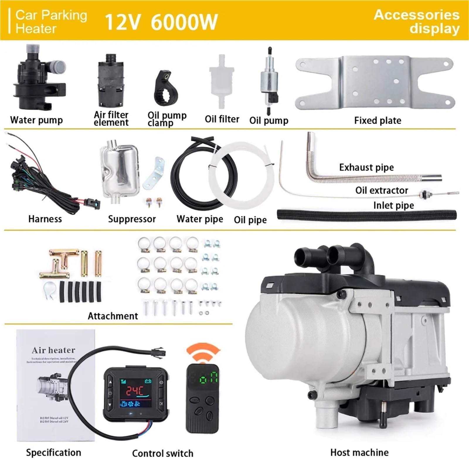 Nagrzewnica postojowa samochodowy Nagrzewnica 12V 6KW Podgrzewacz Paliwa Diesel Płynny Podgrzewacz Benzyny Przełącznik LCD Tłumik + Pompa Wody Urządzenie Ogrzewania Postojowego(One-way remote)