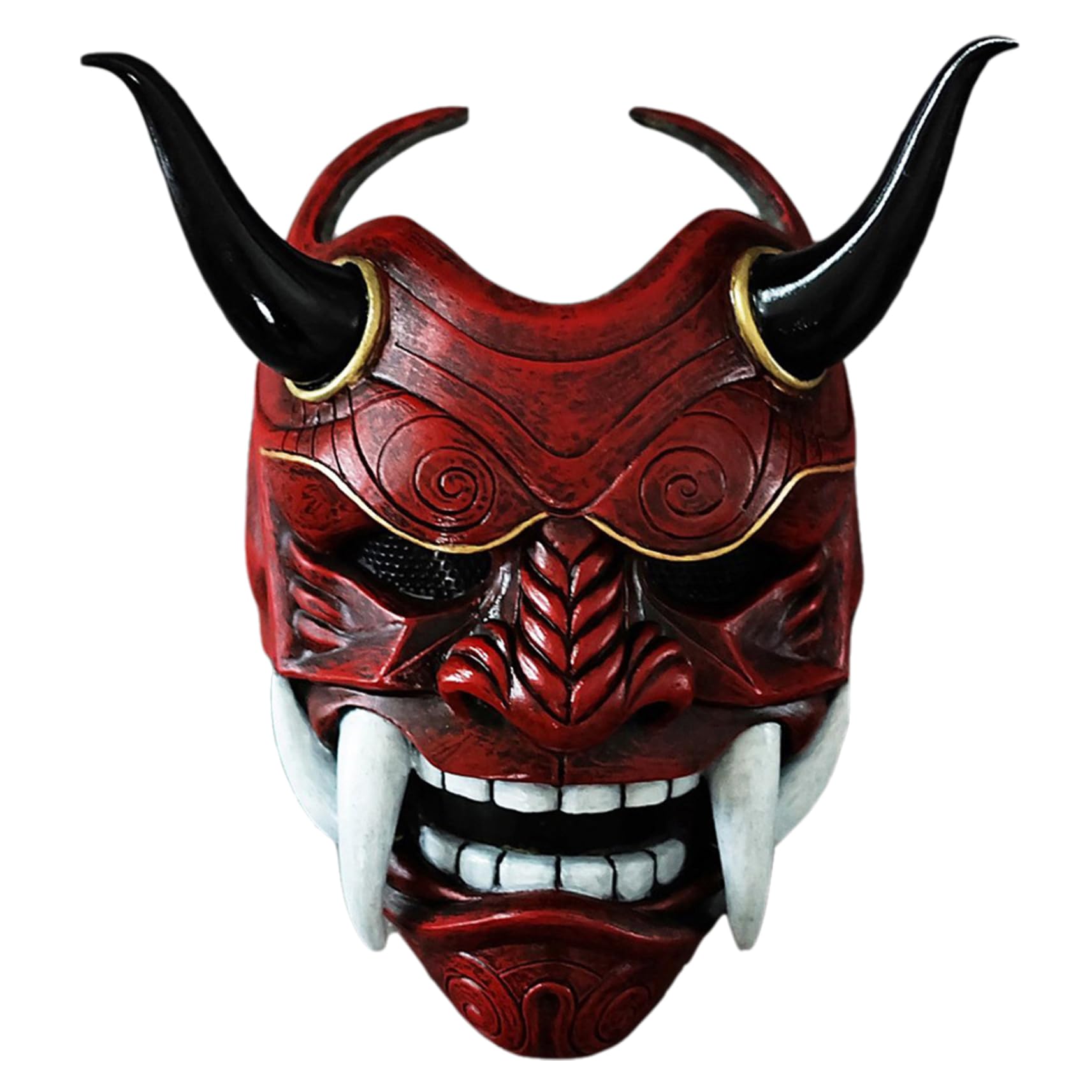 Jorzer Oni Mask Scary Full Face Latex Japanese Hannya Mask with Fangs and Ox Horn 11x9.5 Horror Devil Masks for Halloween Masquerade Cosplay Props Red Game Toys.