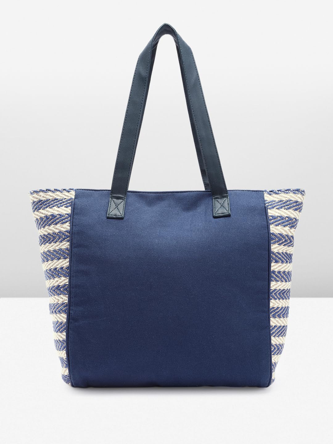PRIMROSE Chevron Pattern Tote Bag with Tassels, Beige and Multi-Colour (Blue) 1