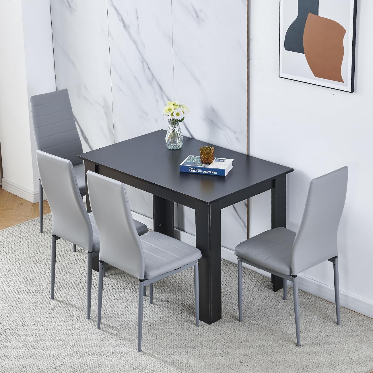 Homullel 110cm Dining Table and 4 Chairs, 4 Seater Kitchen Table and Chairs Set for Space Saving, Compact Dining Room Set for 4, 110x70 cm, Wooden, Walnut Black (4 Seaters, Faux Leather Grey) โ image 1