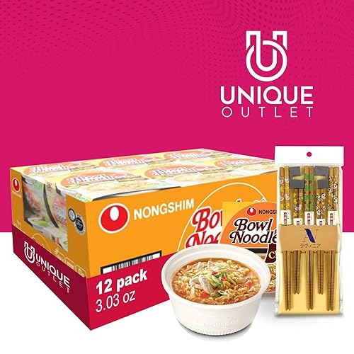 Miniatura 4 de Nongshim Unique Outlet Brand - Paquete de 12 tazones de sopa de fideos Ramyun Ramen de pollo picante de 3.03 onzas + 1 juego de palillos familiares