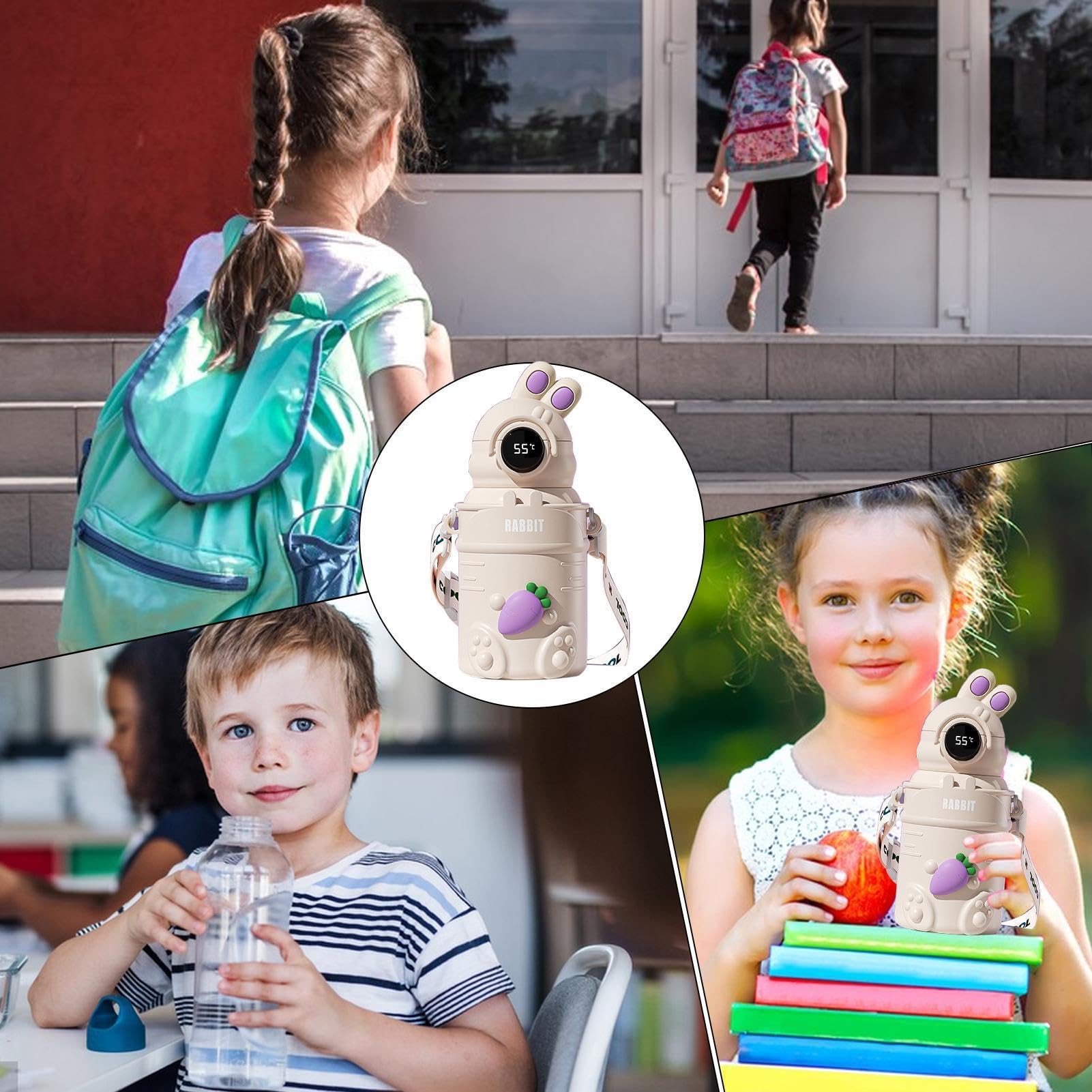 Borraccia con cannuccia, in acciaio , isolata, 500 ml, leggera | con display digitale della temperatura, a prova di perdite, per sport, con cinturino, per viaggi e scuola