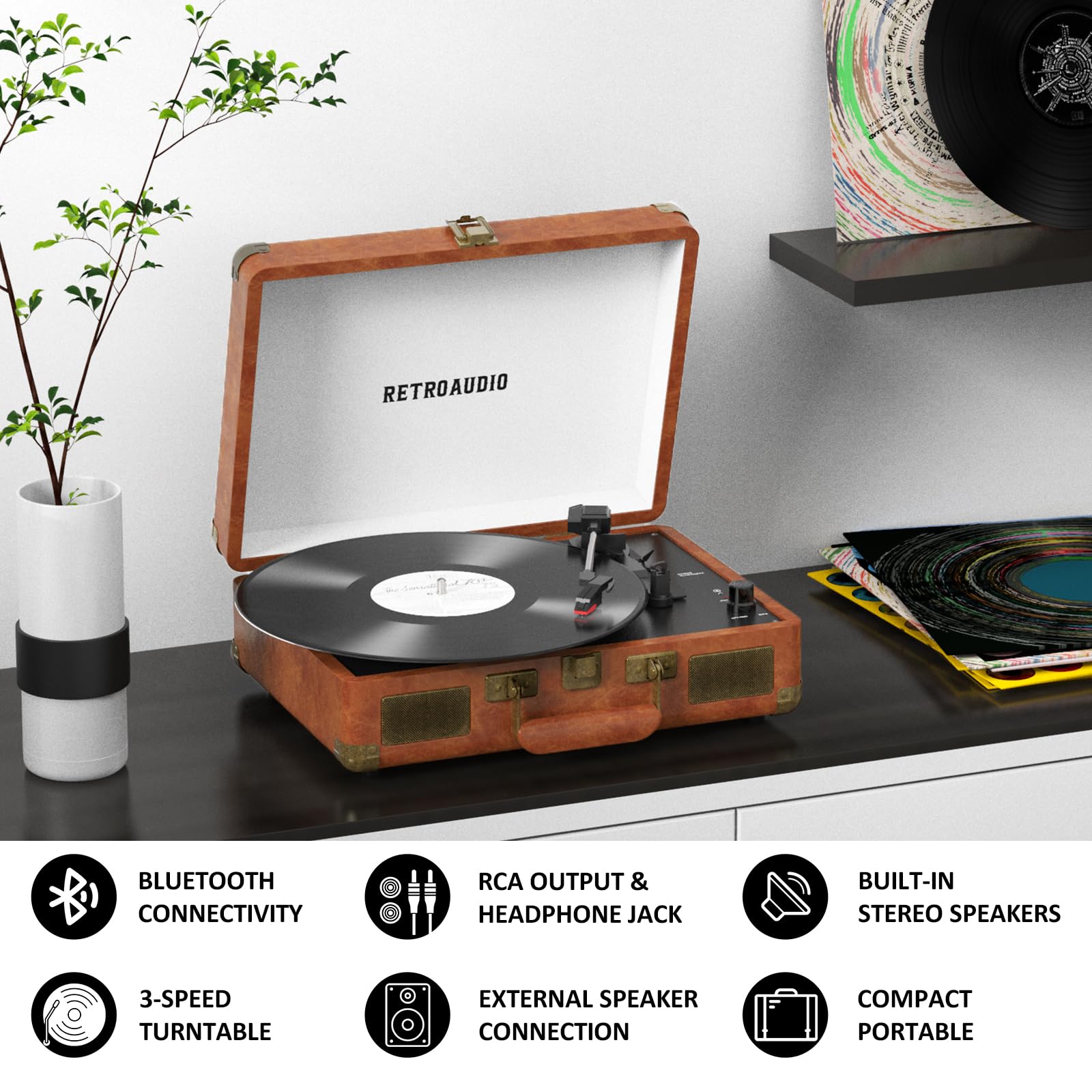 Tragbarer Kofferplattenspieler mit Bluetooth, 3 Geschwindigkeiten, 2 integrierten Stereolautsprechern, riemengetriebenem Plattenspieler für Vinyl-Schallplatten, RCA-Line-Out und AUX-Out
