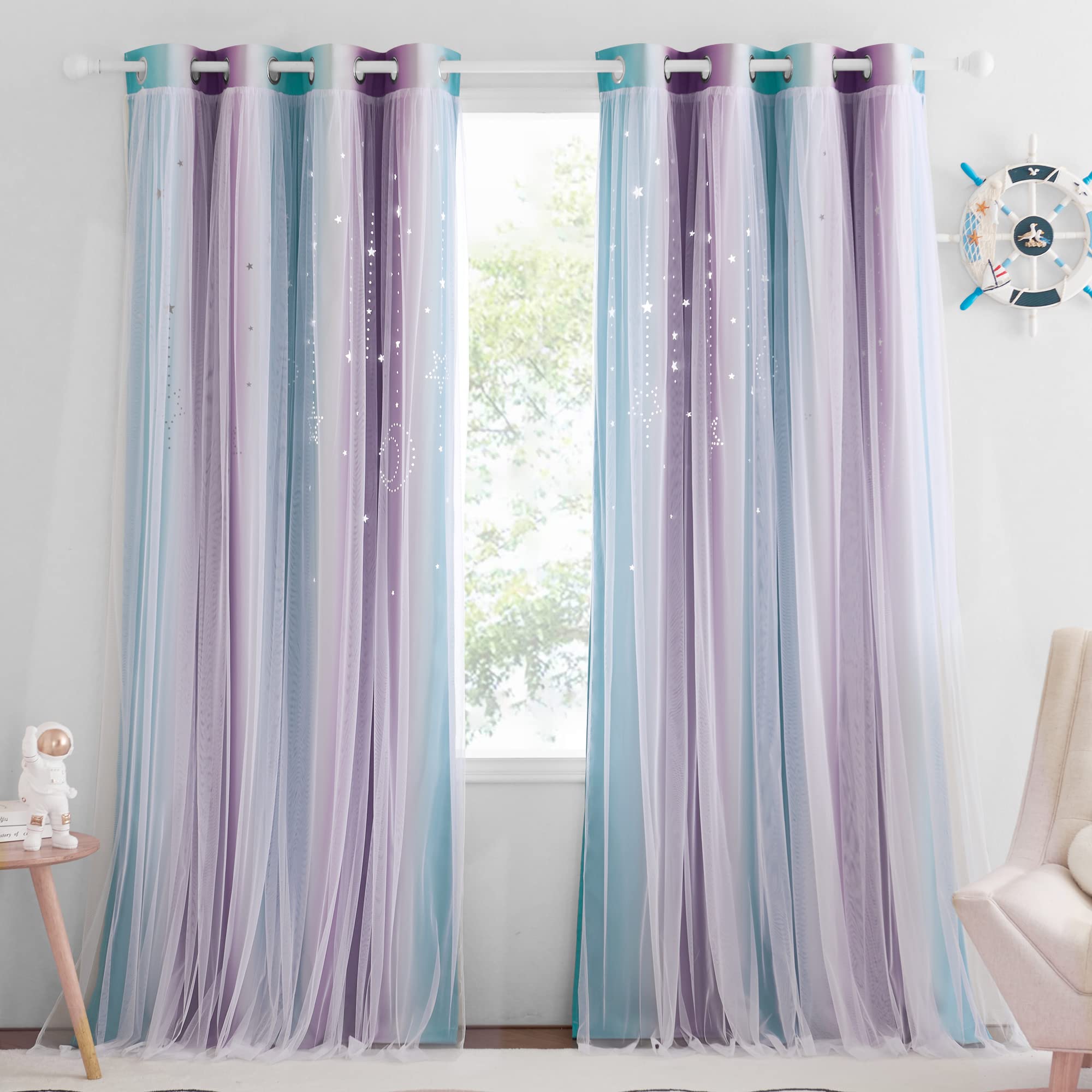 NICETOWN Rideaux occultants à œillets avec voilages pour Chambre d'enfant, Chambre de Fille, Motif Lune et étoiles, Arc-en-Ciel, 1 pièce, 132,1 x 213,4 cm (l x L), Bleu Sarcelle et Violet