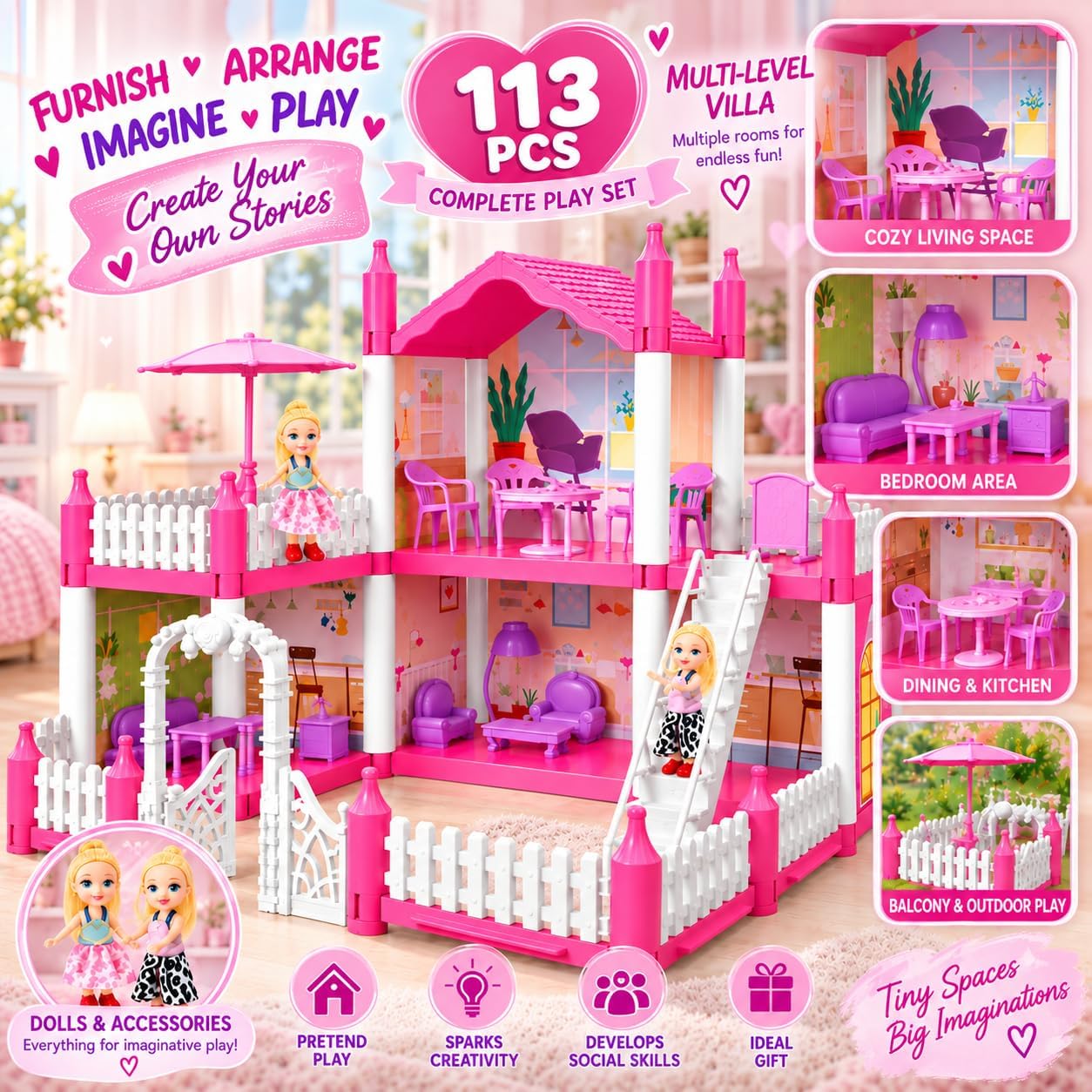 Pink Doll House - 4 Room Castle Playset -4 Pink Doll House - 4 Room Castle Playset -4
