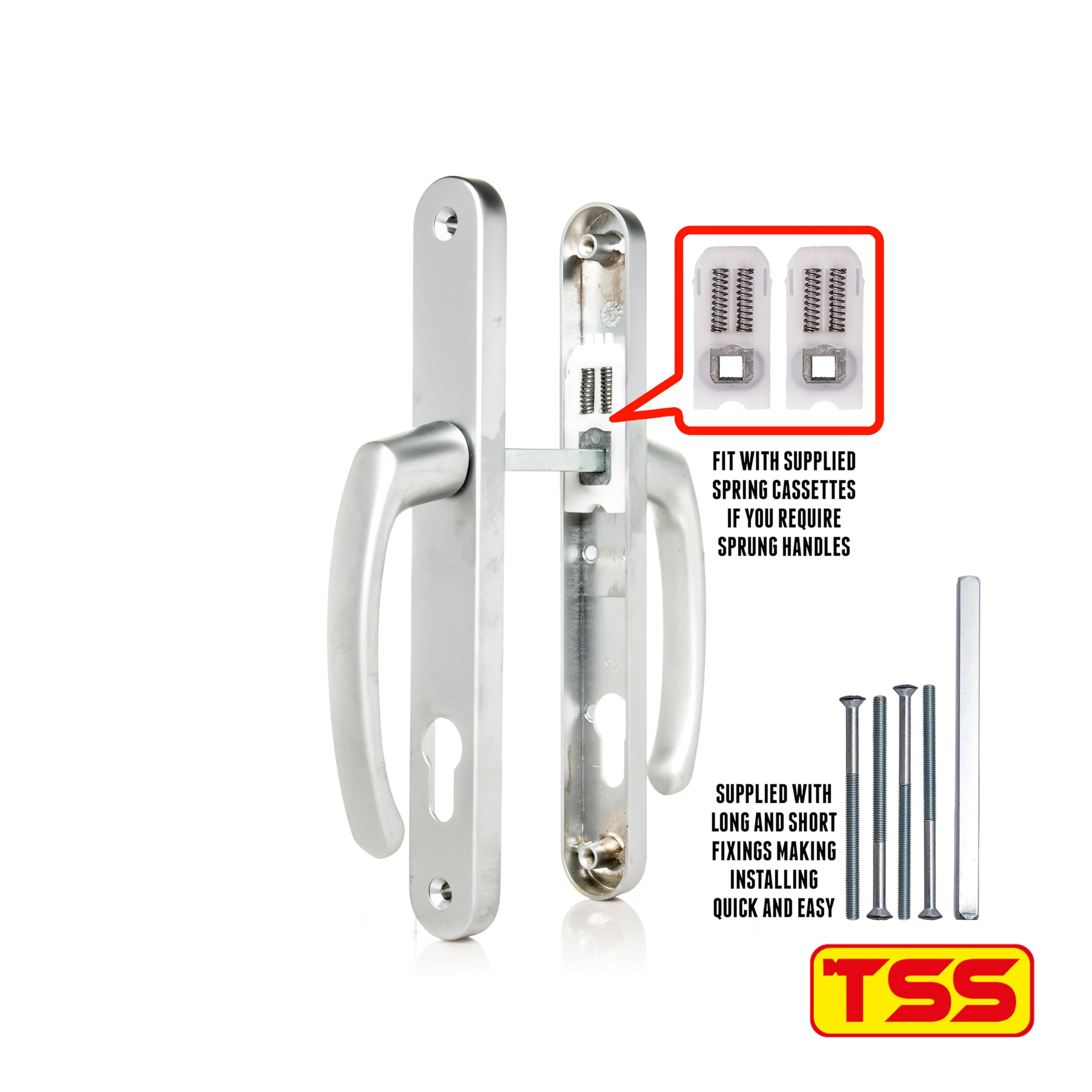 TSS UPVC Door Handle Lever Set - 92 PZ Centers, 215 Screw to Screw - 245 x 32 Backplate - Silver Replacement - Image 2