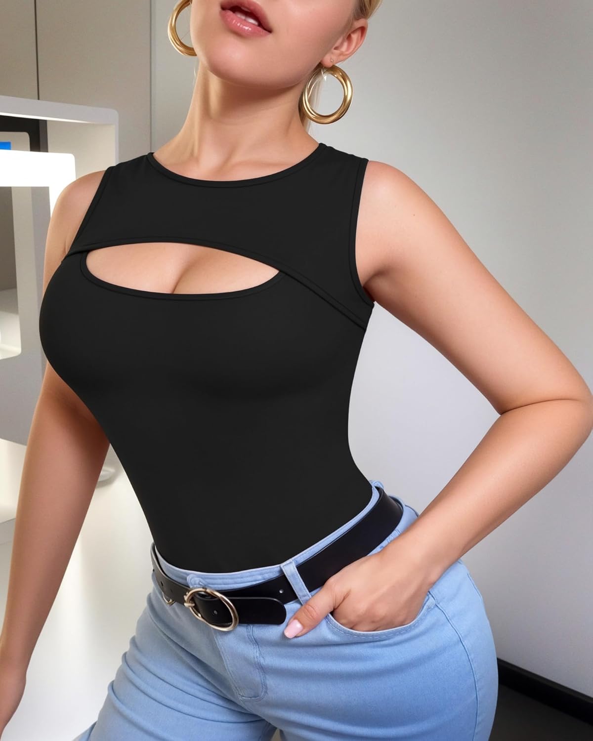 ALGALAROUND Sleeveless Tank Tops for Women Cut Out Front Ribbed Tshirt Crew Neck Casual Shirt - Image 2