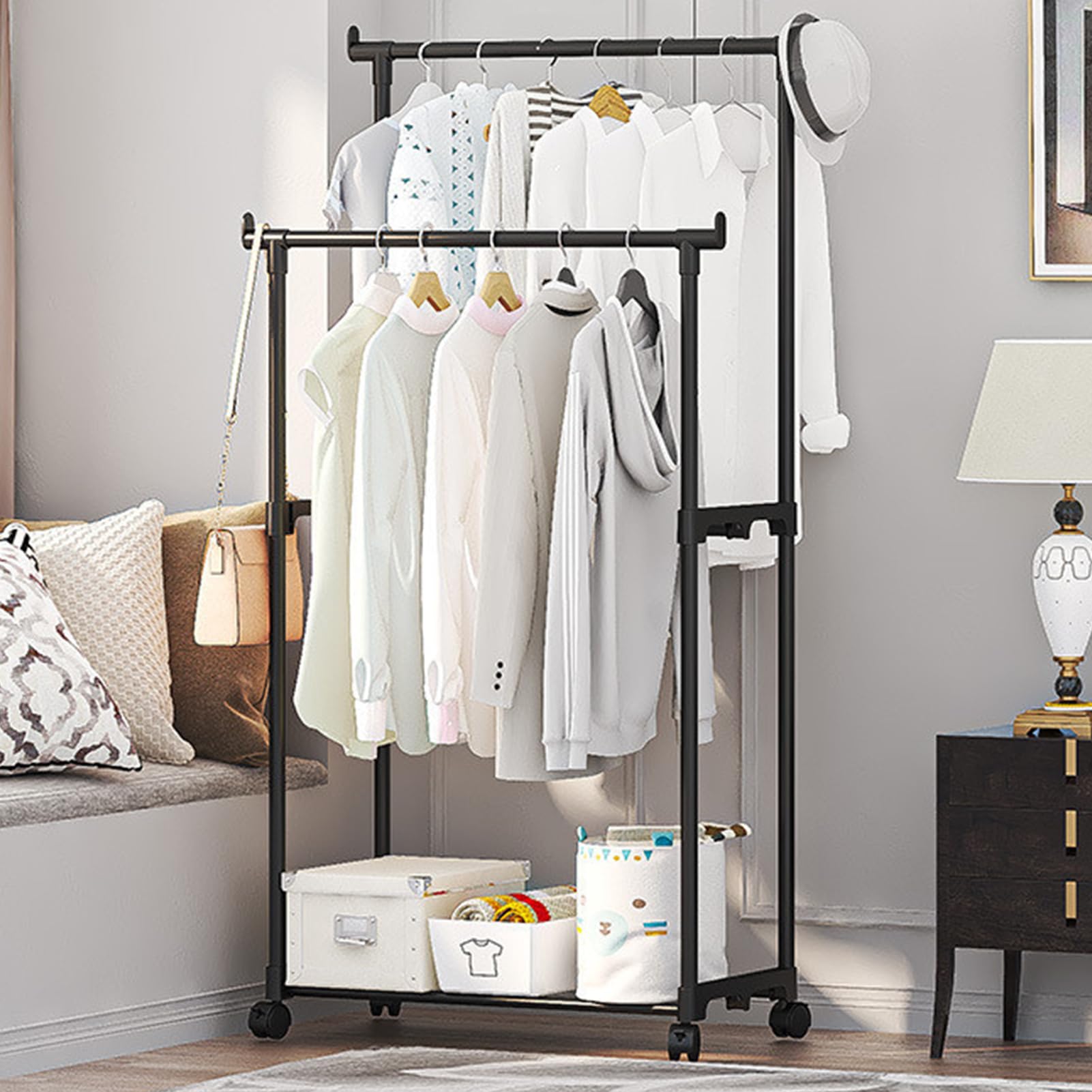 Burro De Ropa - Colgador De Vestimenta, Guardarropa | Soporte De Ropa Con Doble Barra Reforzada, Organizador De Vestuario Con Ruedas Giratorias Para Baño, Balcón, Habitación Juvenil, Garaje
