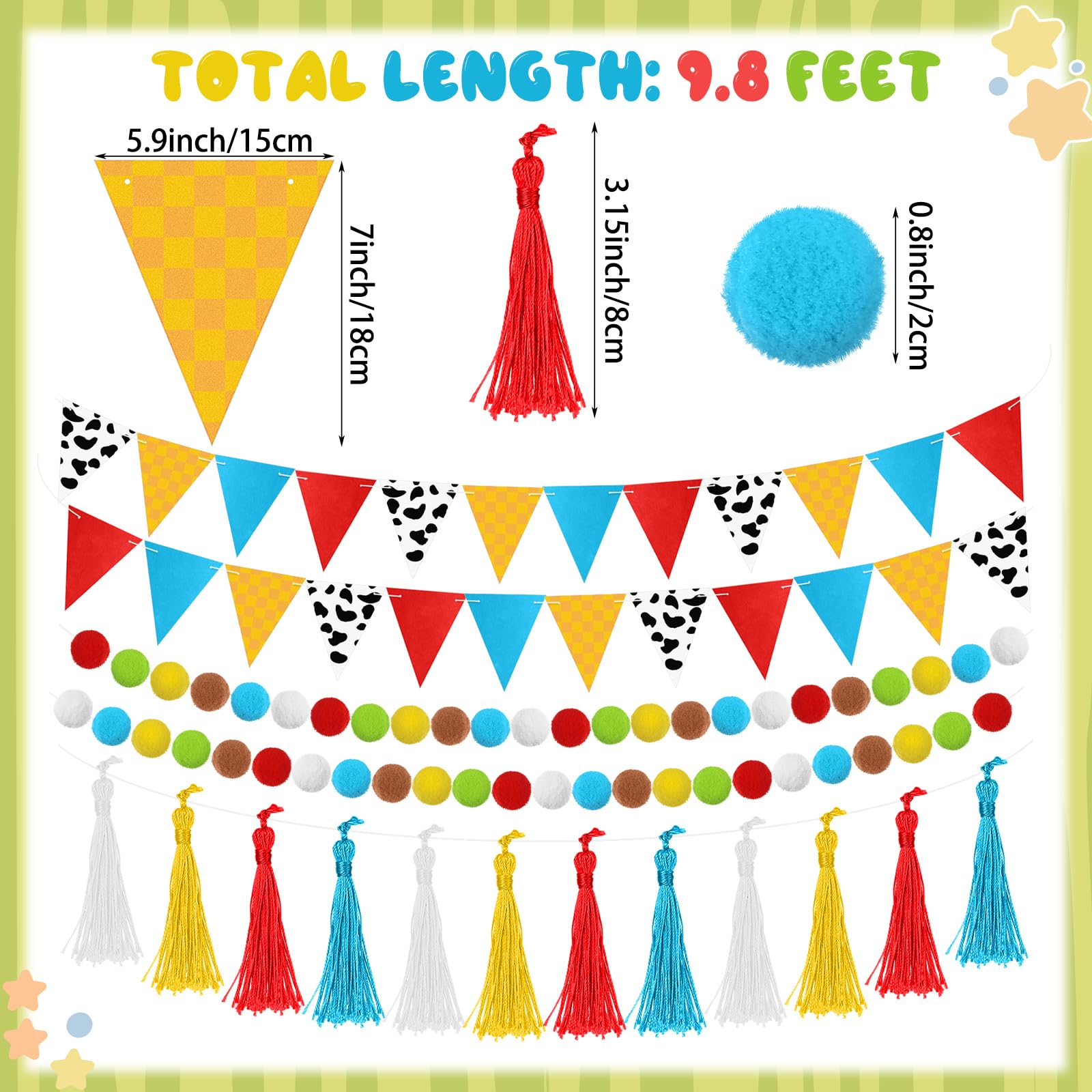 HunnmingRe 5 piezas de decoraciones de fiesta de dibujos animados de 10 pies, pancarta de feliz cumpleaños, guirnalda de tela de fieltro, borlas triangulares, banderines, bolas de pompón, guirnalda